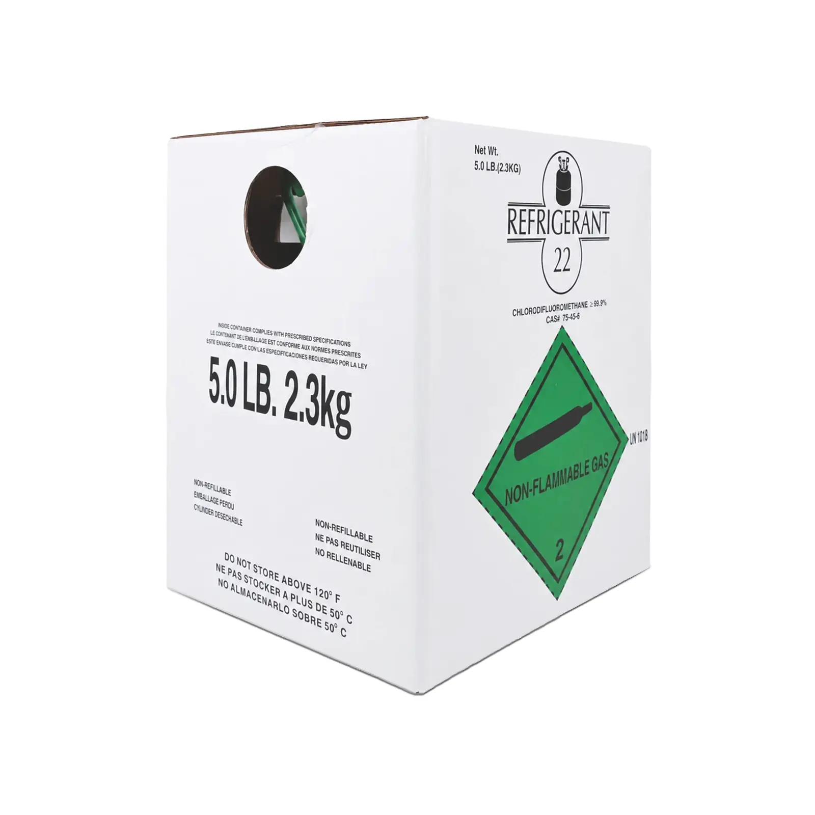 R22 refrigerant packaging box labeled 5 lb with non-flammable gas marking