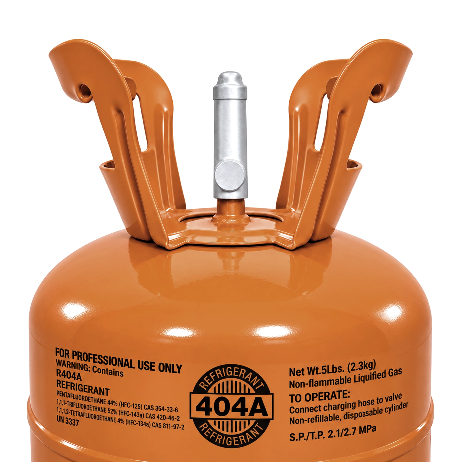Close-up of R404A refrigerant cylinder label, valve and protective handles