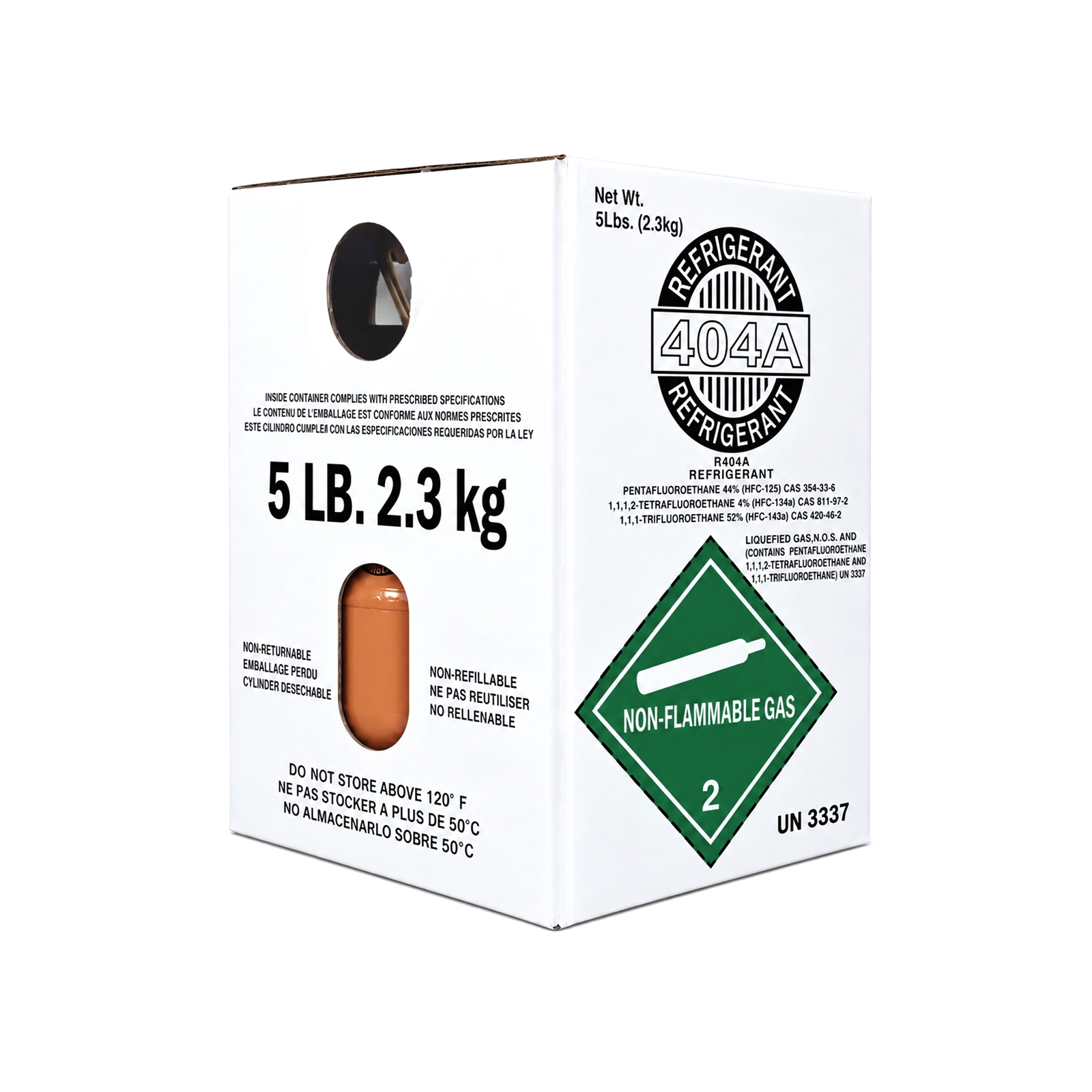 R404A refrigerant packaging box labeled 5 lb