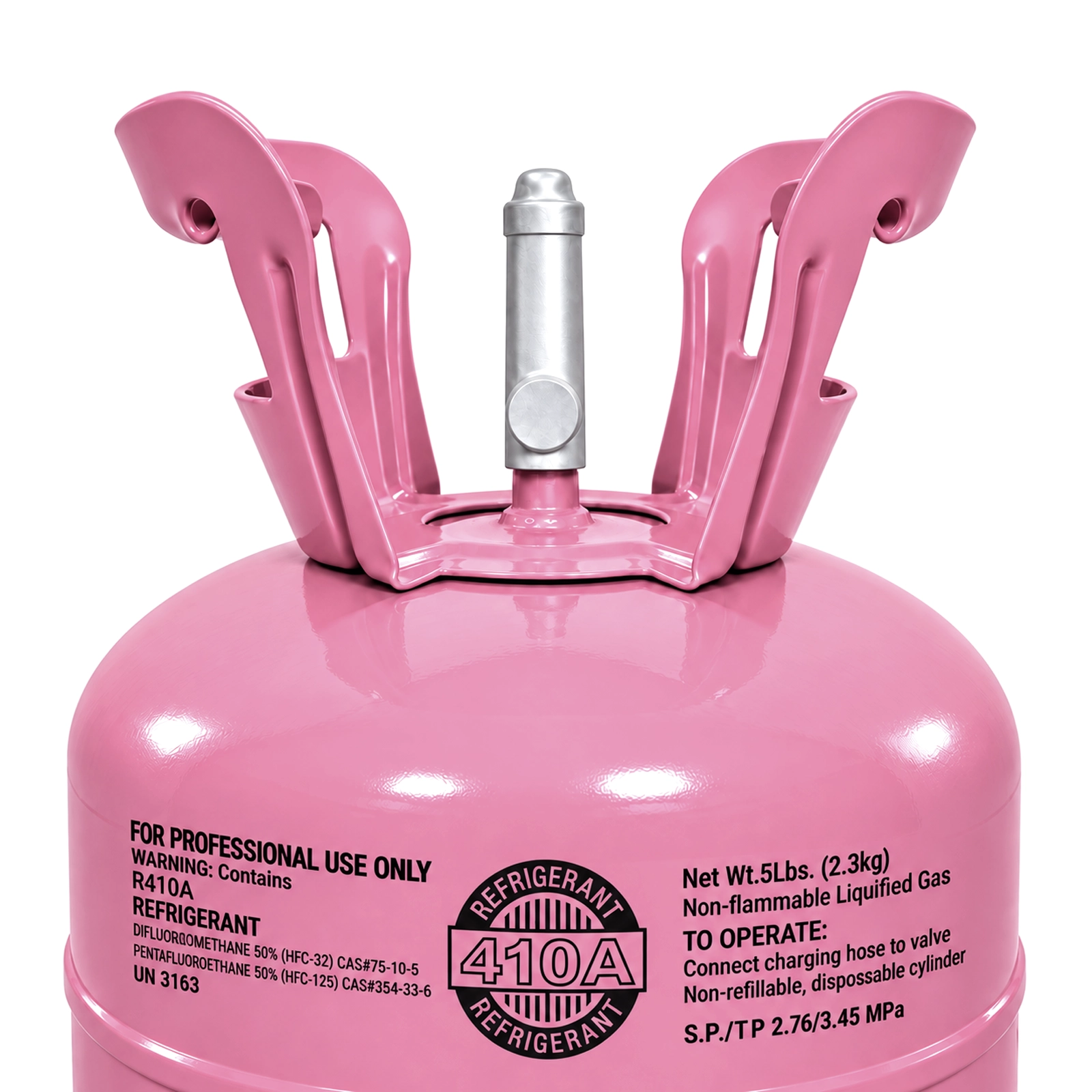 Close-up of R410A refrigerant cylinder label, valve and protective handles