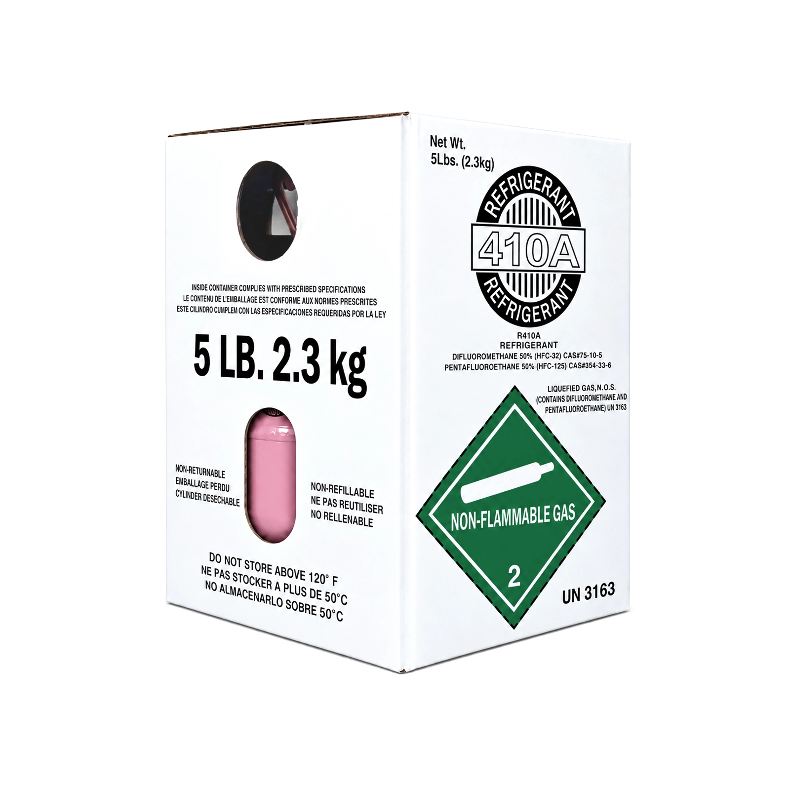 R410A refrigerant packaging box labeled 5 lb