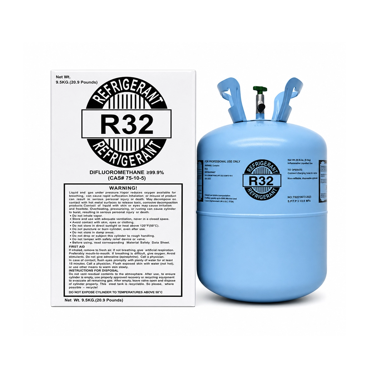 20.9 lb R32 refrigerant cylinder displayed beside rear box packaging with product and handling information.  