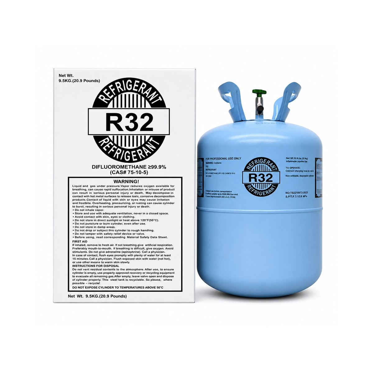 20.9 lb R32 refrigerant cylinder displayed beside rear box packaging with product and handling information.  