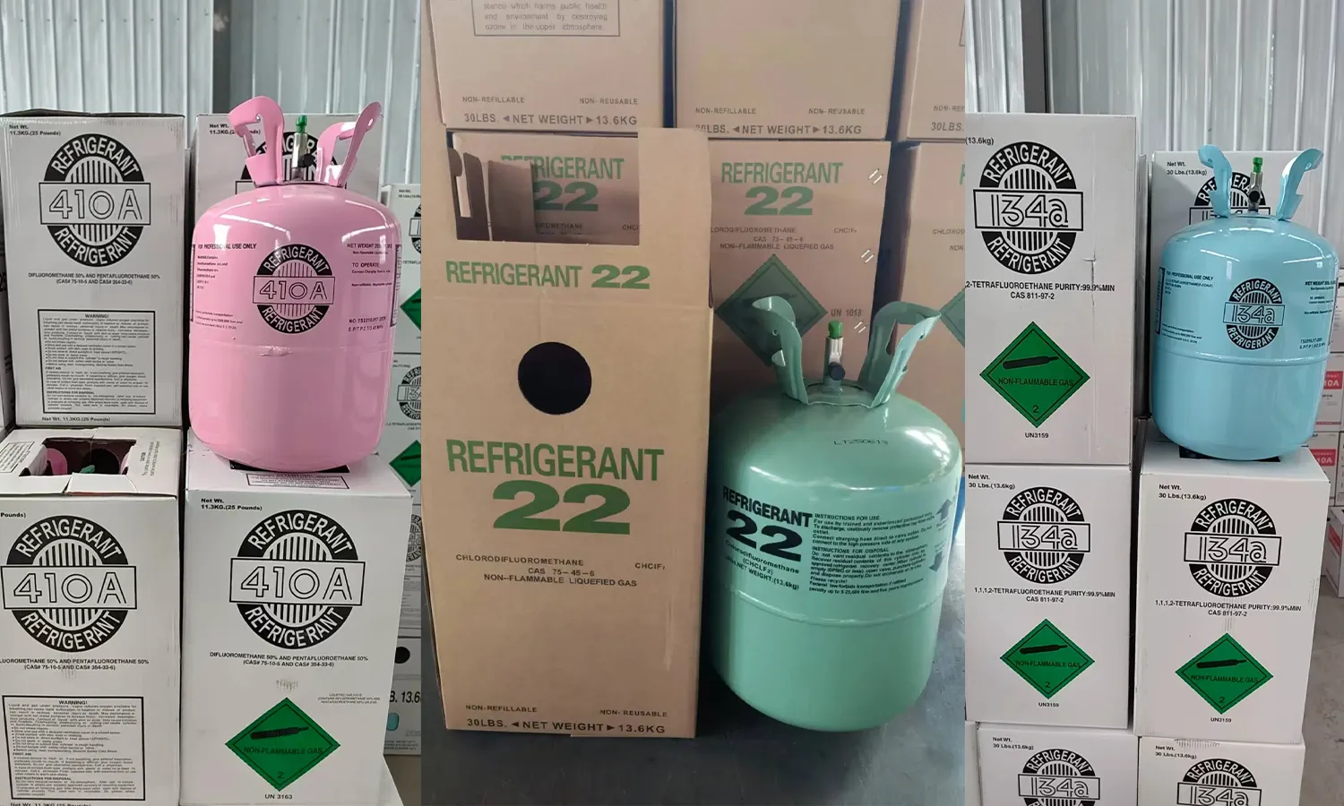 FreonShop homepage banner showing R22, R410A, and R134a refrigerant cylinders and boxes in stock for HVAC refrigerant supply.  