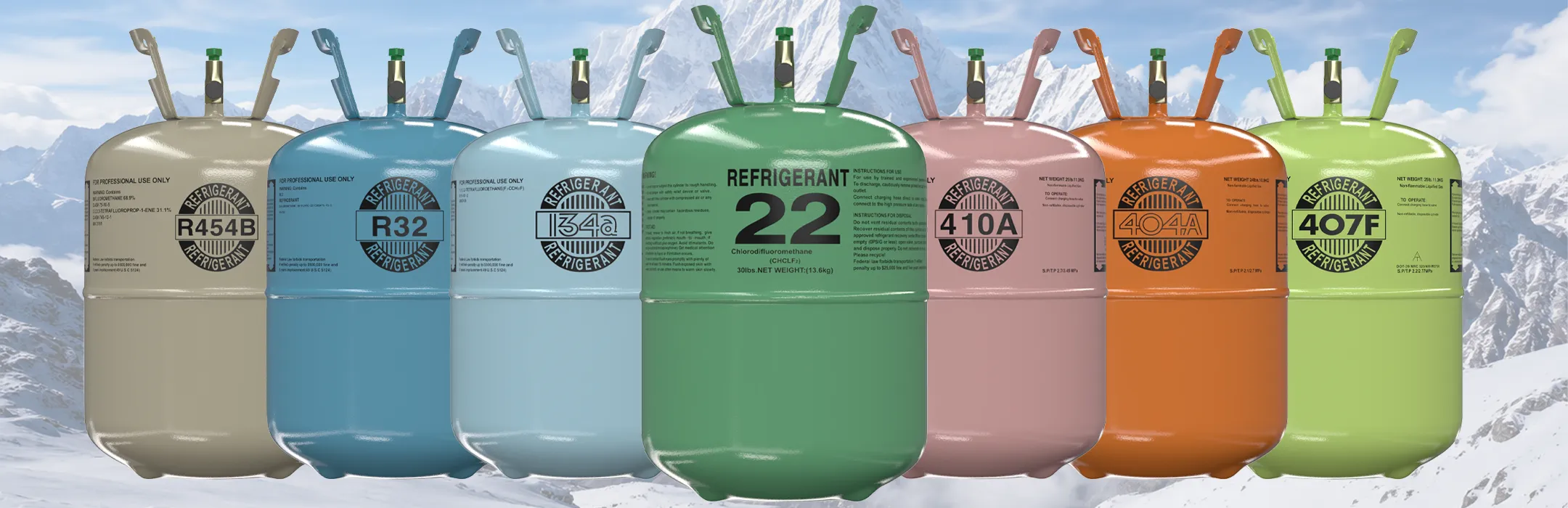 FreonShop refrigerant supplier homepage banner with R22, R134a, R410A, R404A, and R32 HVAC refrigerant cylinders.