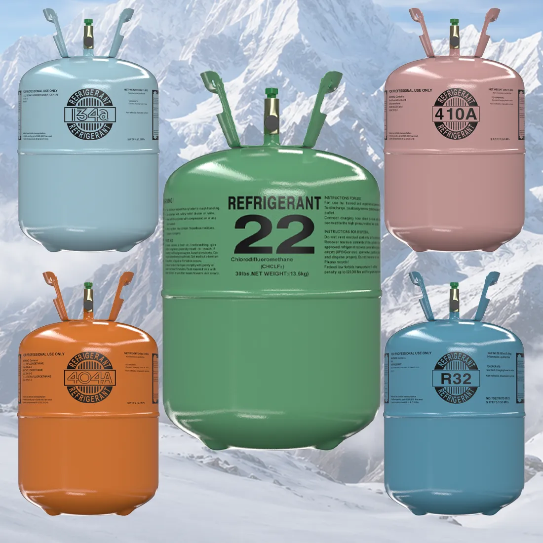 FreonShop homepage main banner featuring R22, R134a, R410A, R404A, and R32 refrigerant cylinders for HVAC supply.