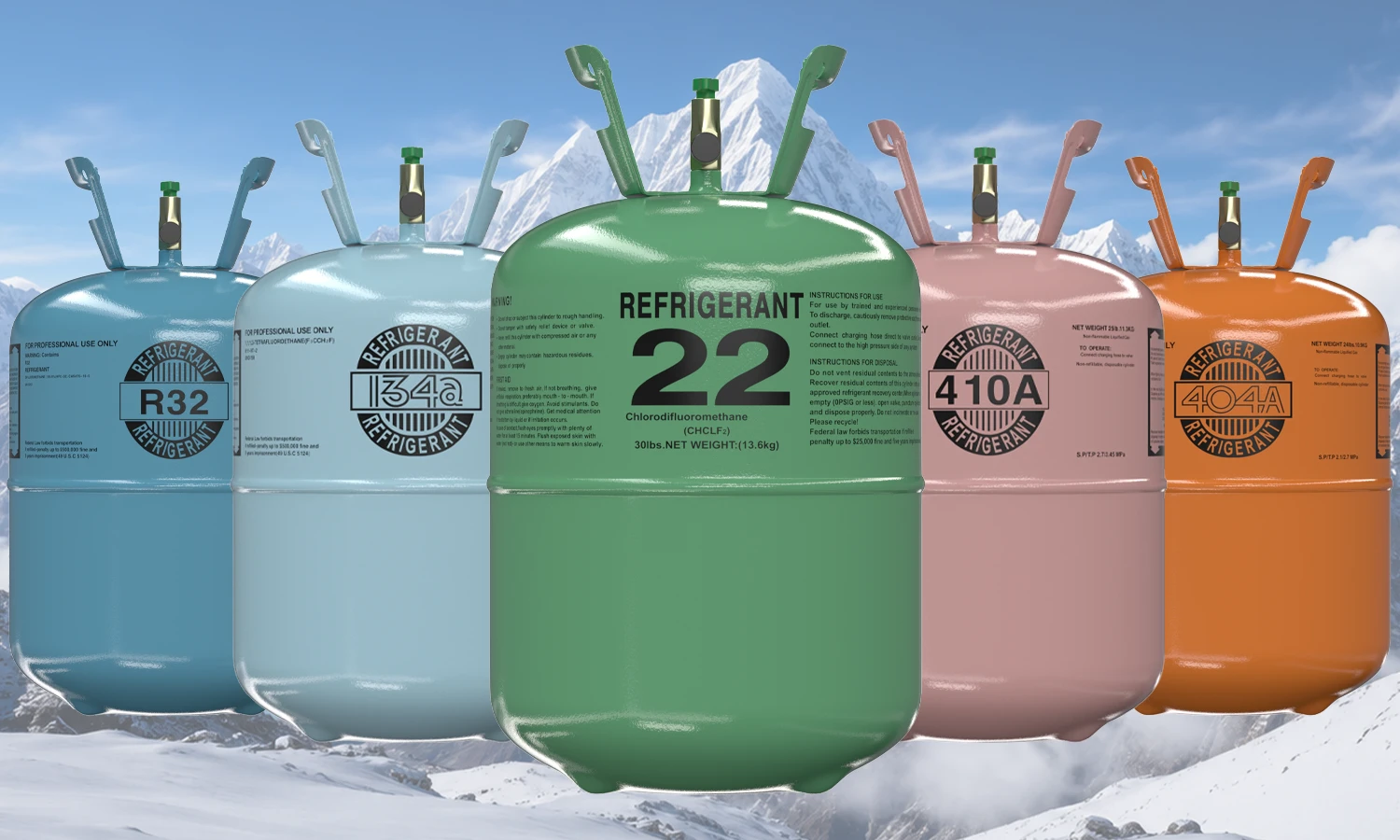FreonShop homepage main banner featuring R22, R134a, R410A, R404A, and R32 refrigerant cylinders for HVAC supply.