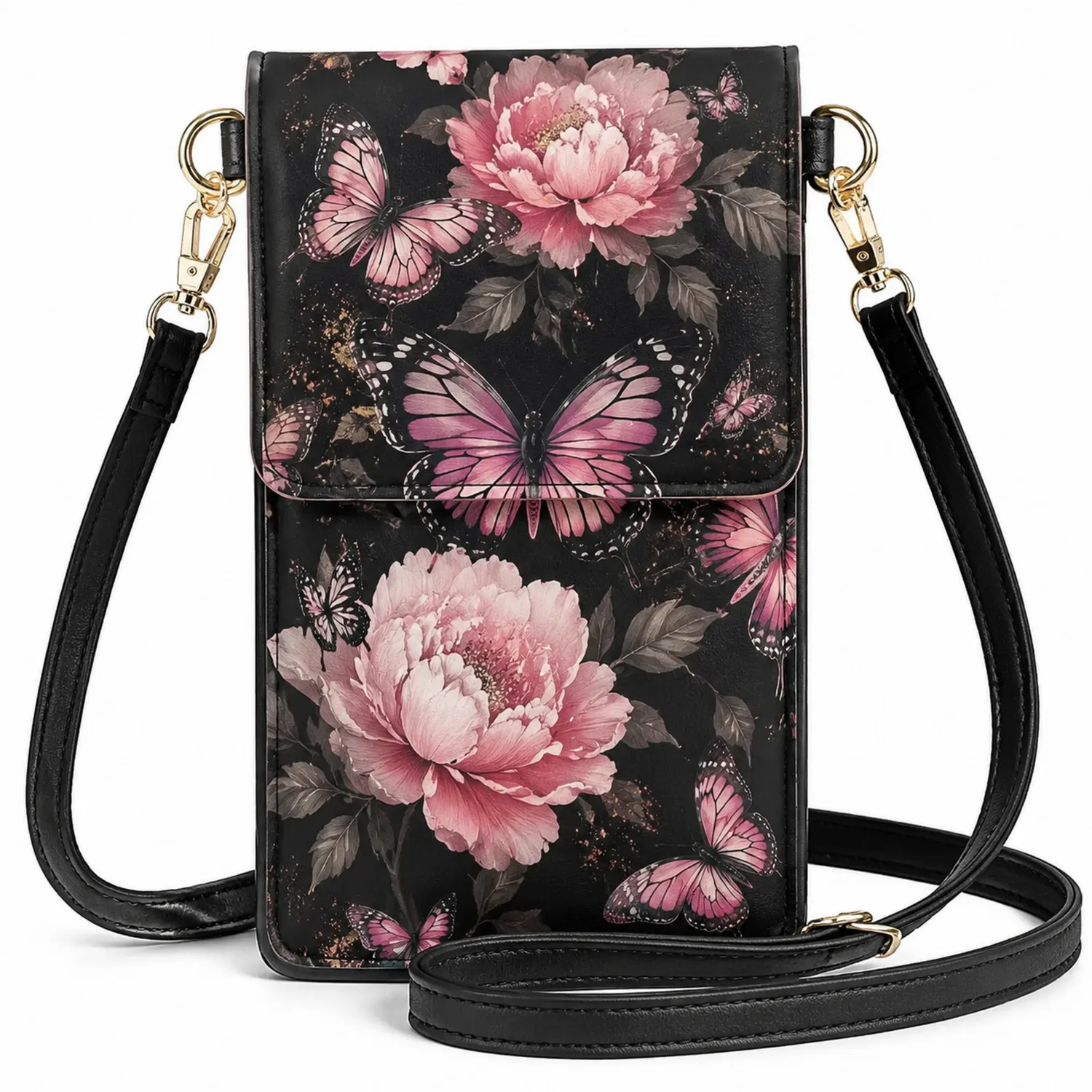 Bolso Cruzado Mujer Negro con Estampado de Flores y Mariposas