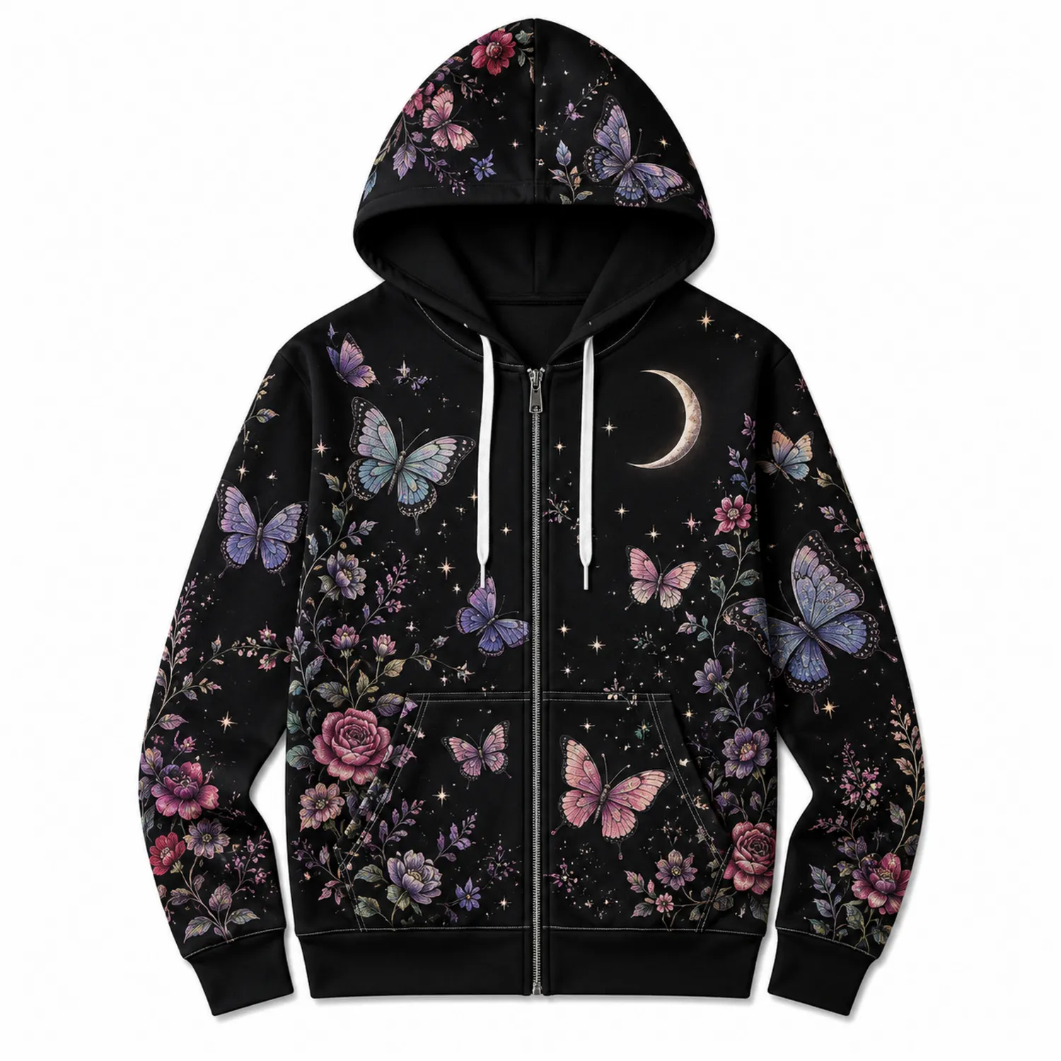 Sudadera con Capucha de Mariposas y Luna para Mujer - Negro Multicolor