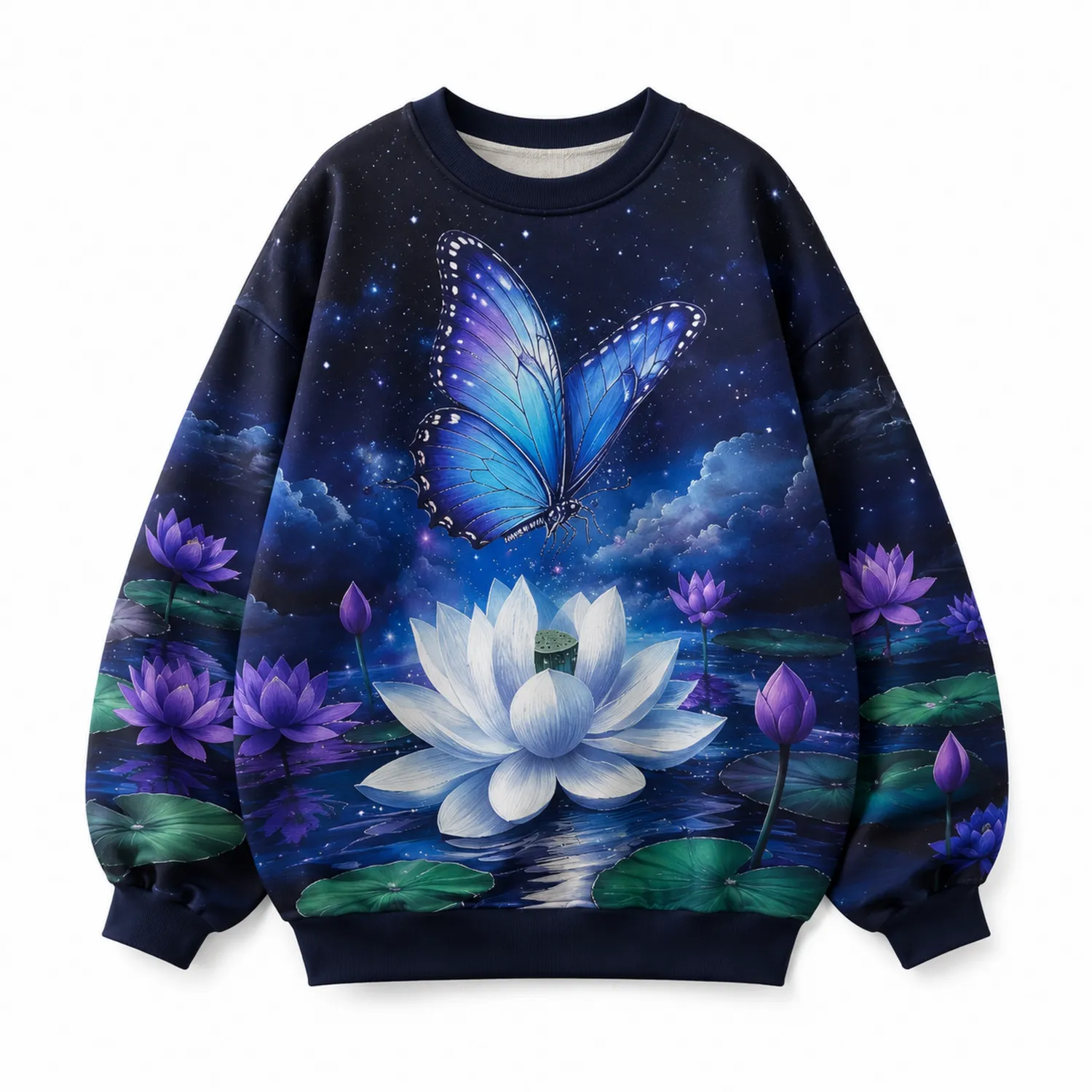 Sudadera Azul con Diseño de Mariposa Azul y Flor de Loto