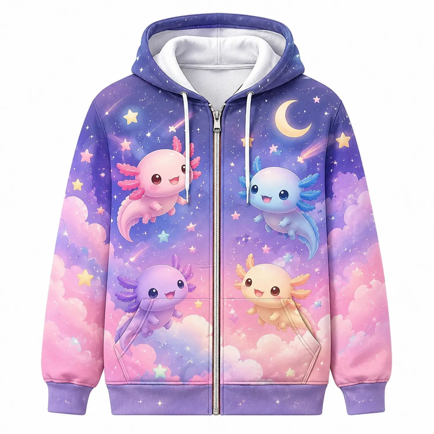 Sudadera con Capucha de Axolotes en Cielo Estrellado, Azul y Morado