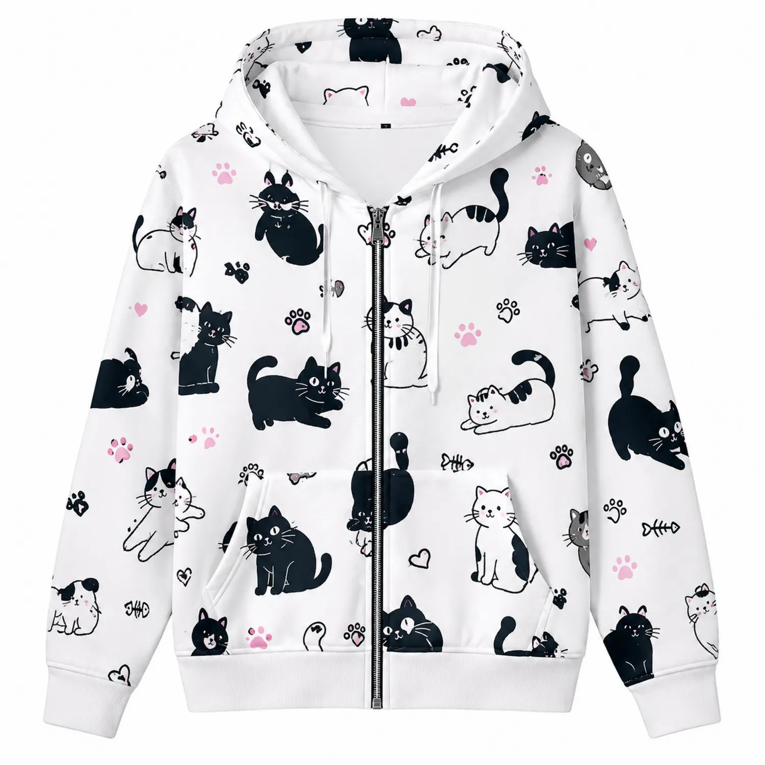 Sudadera con Capucha de Gatos Blanco, Negro y Rosa