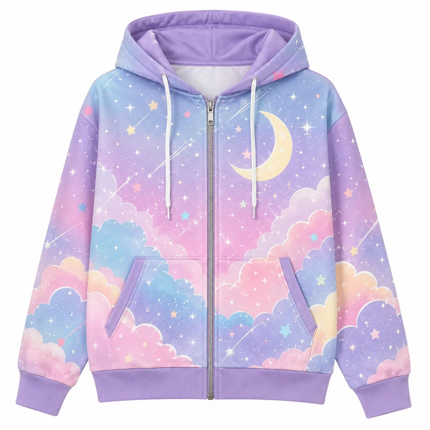 Sudadera con Capucha de Cremallera Lunares y Estrellas Pastel