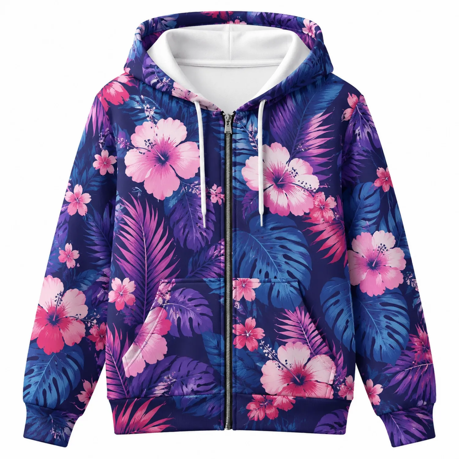 Sudadera con Capucha Floral Azul y Rosa de Cremallera Completa