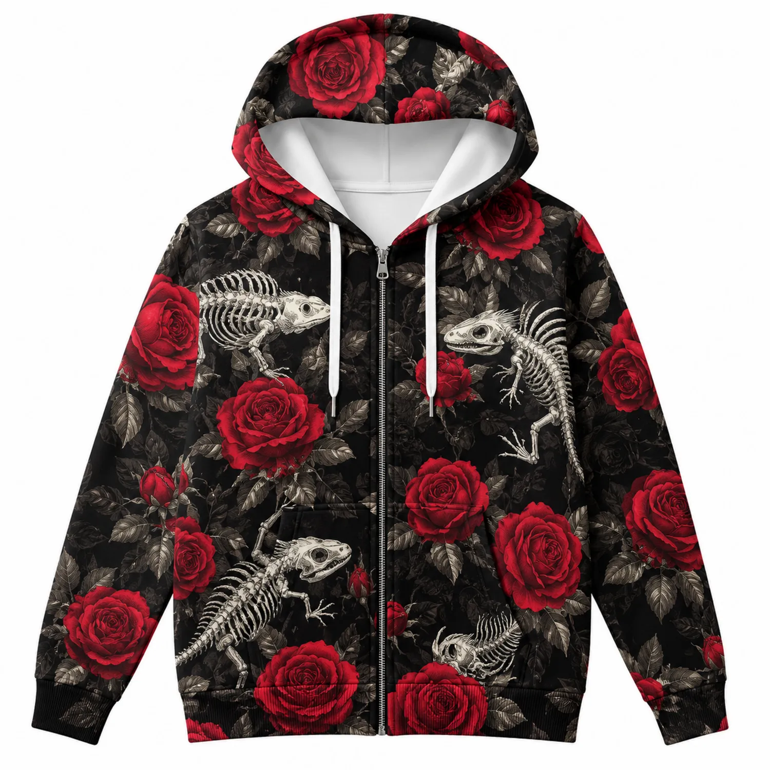 Sudadera con Capucha Estampado de Rosas y Esqueleto Rojo/Negro
