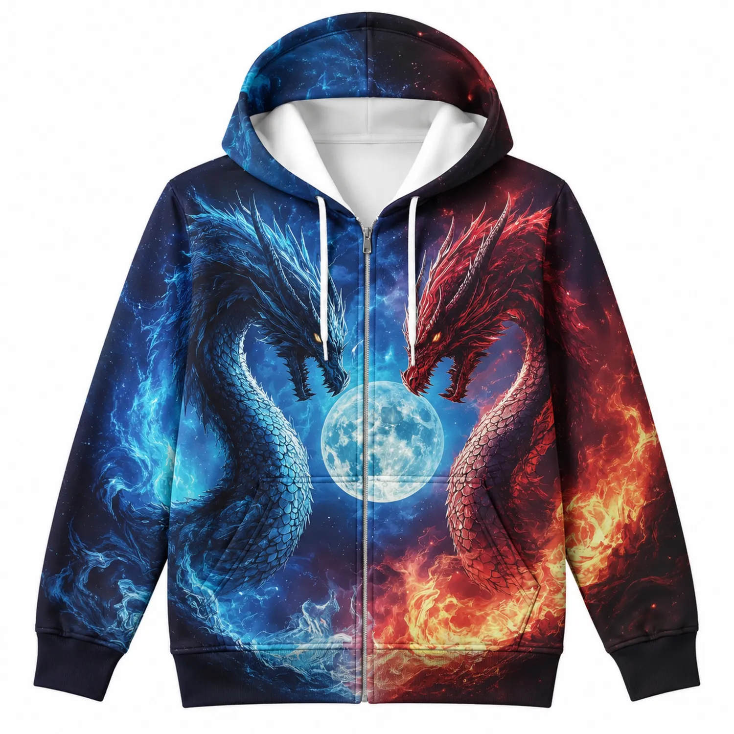 Sudadera con Capucha de Dragones Luna y Fuego Azul y Rojo