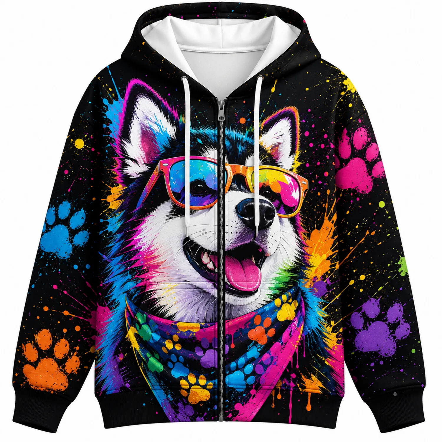 Chaqueta con Capucha Estampado de Perro, Colores Vibrantes