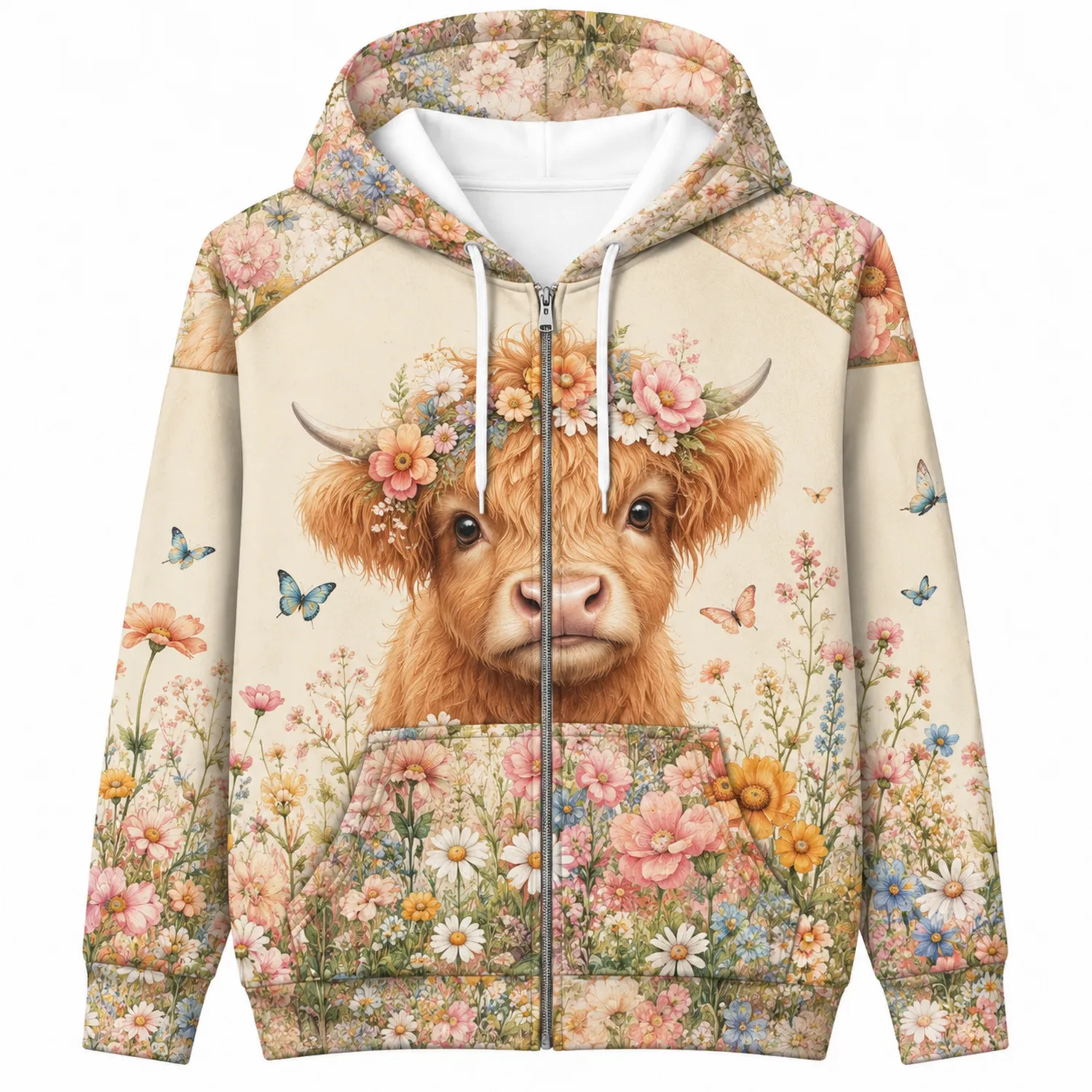 Sudadera con Capucha de Vaca y Flores para Mujeres - Crema Multicolor
