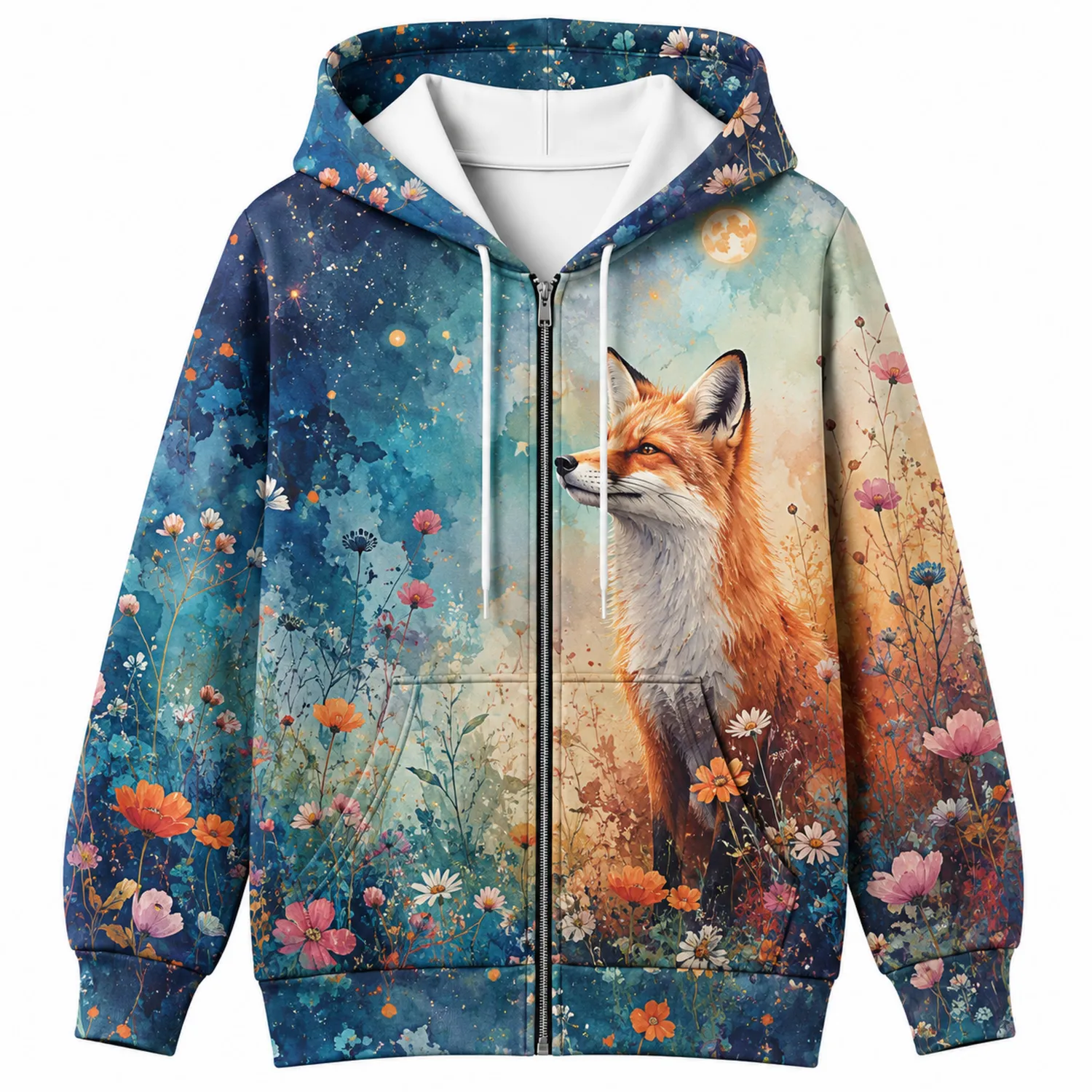 Sudadera con Capucha Unisex de Zorro y Flores en Espacio Estrellado