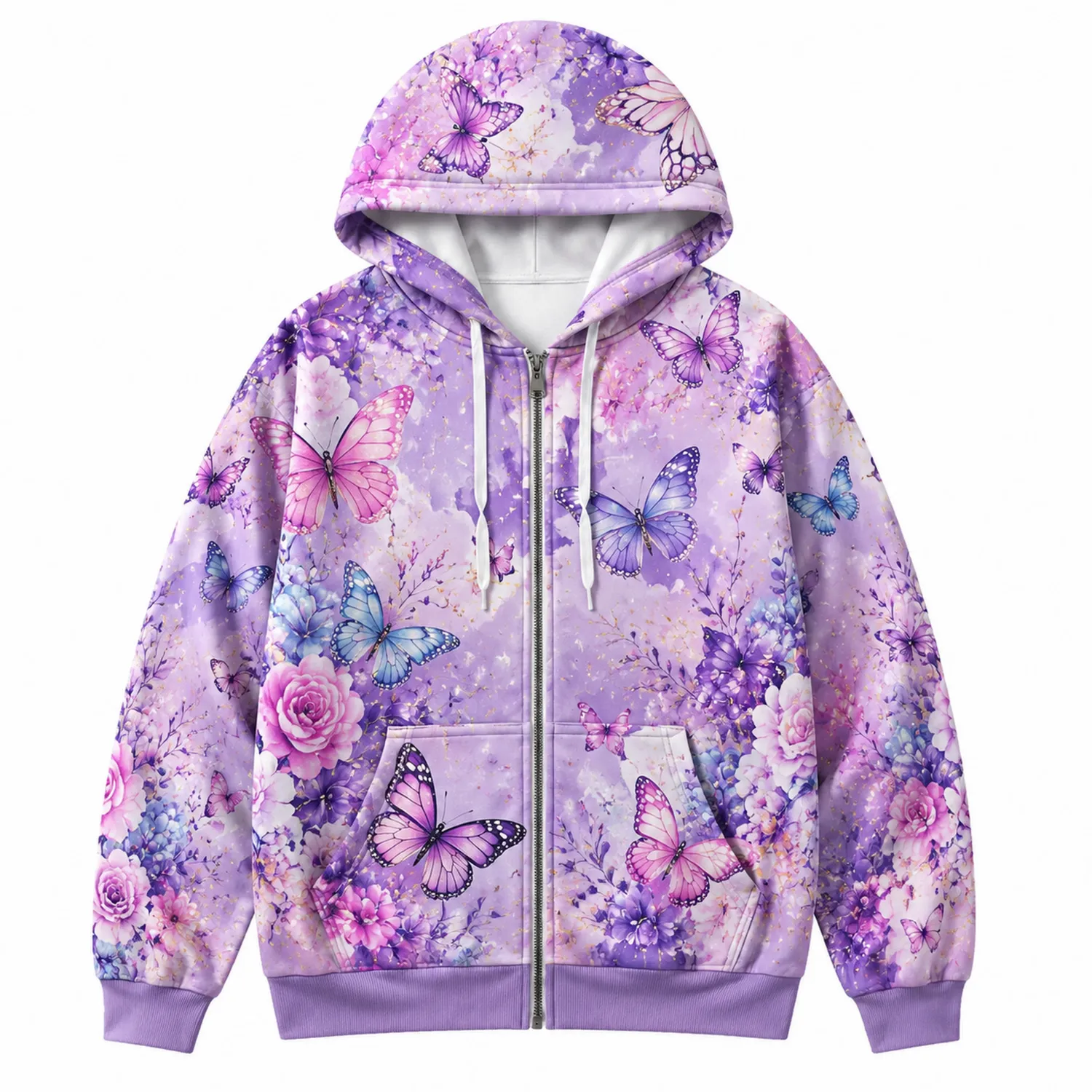 Sudadera Lila con Capucha y Diseño de Mariposas