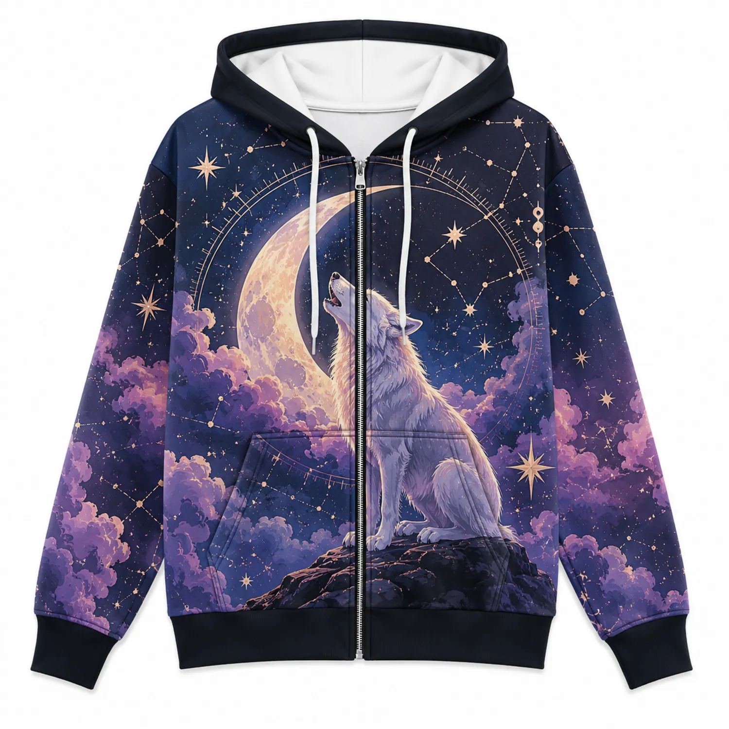 Sudadera con Capucha Lobo y Luna en Cielo Estrellado Azul y Morado