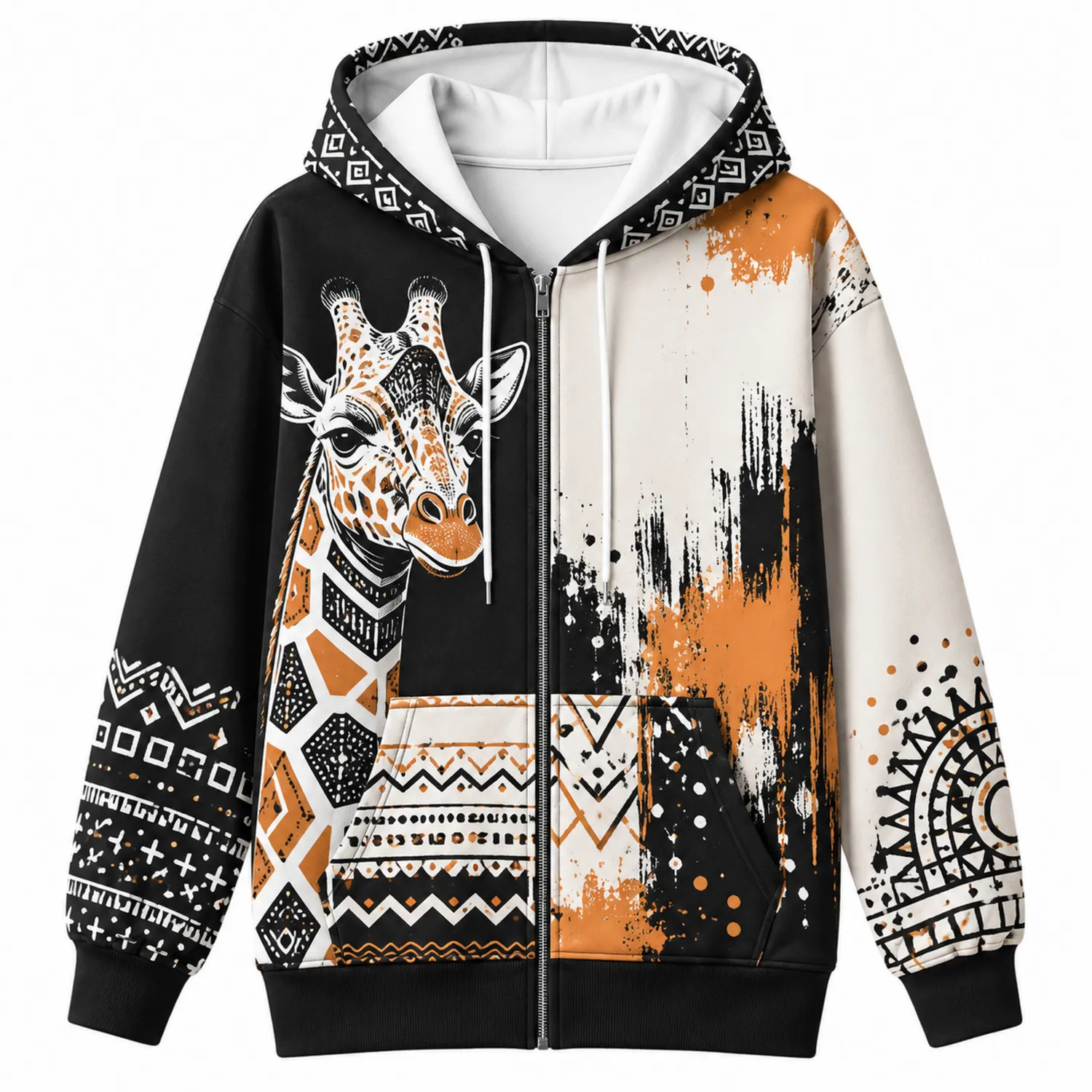 Sudadera con Capucha para Hombre con Diseño de Jirafa Geométrico en Negro y Naranja