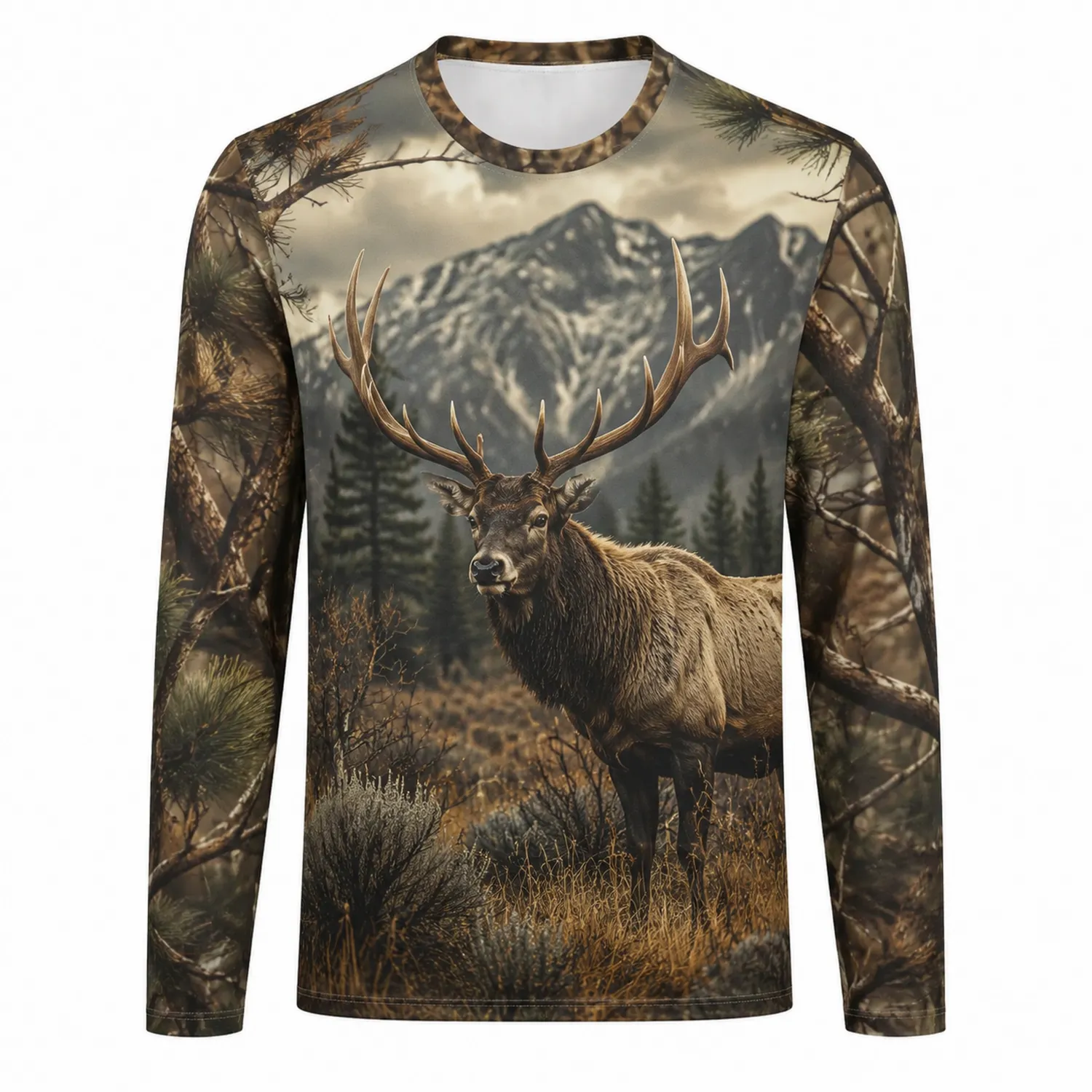 Camiseta de Manga Larga Camuflaje con Estampado de Ciervo y Paisaje de Montaña