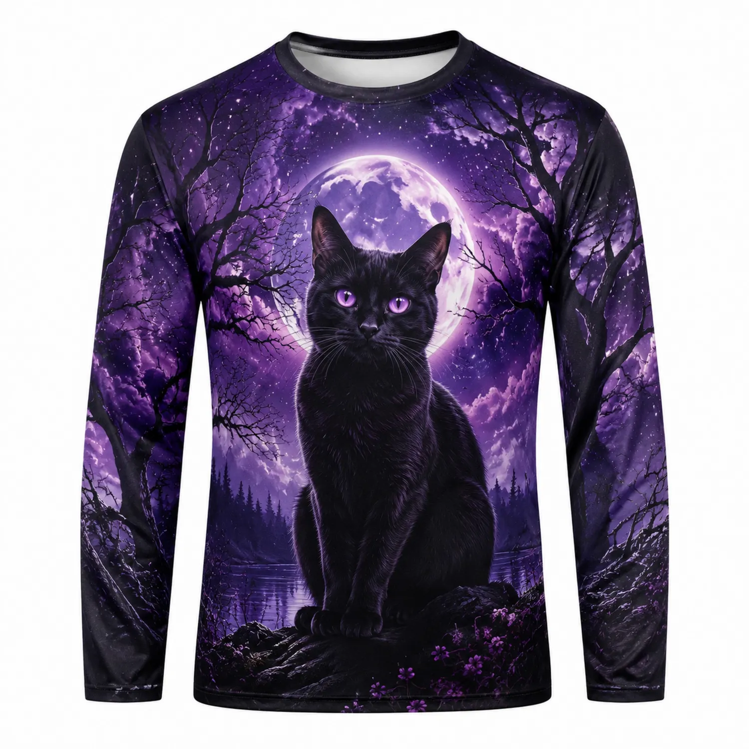 Camiseta de Manga Larga con Gato Negro y Luna Llena en Fondo Estrellado