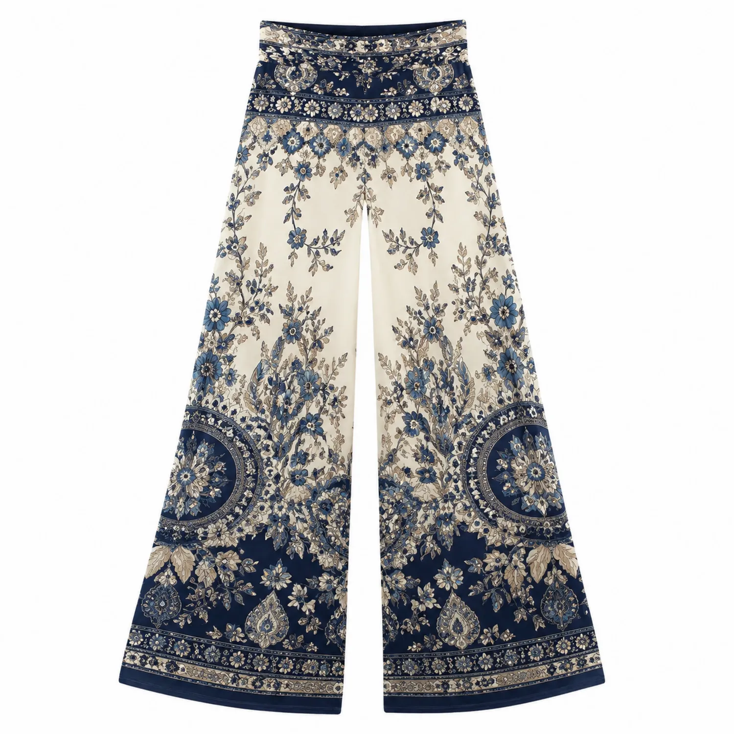 Pantalon Évasé à Motif Floral Bleu et Crème-Casmeloa