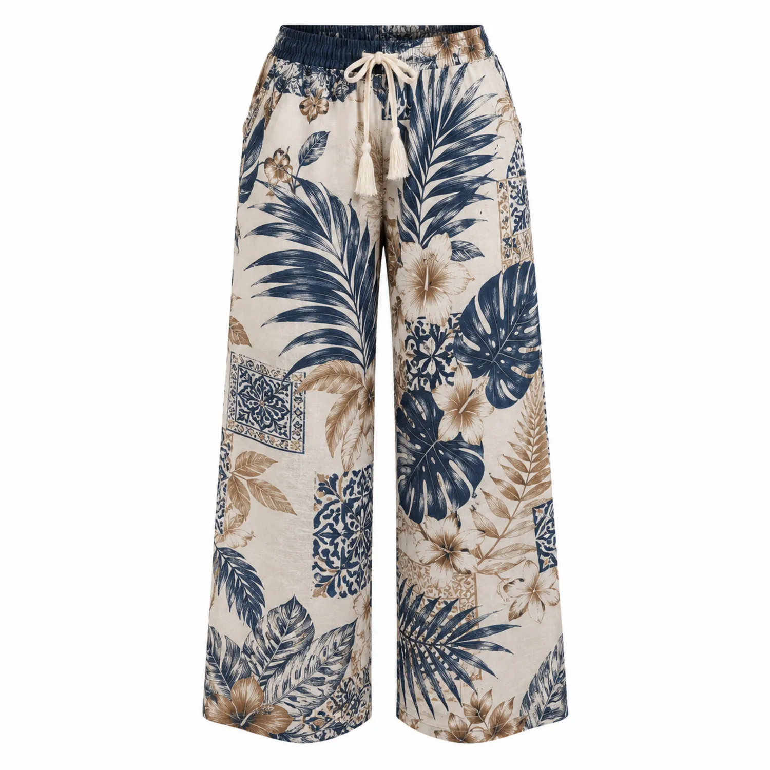 Pantalon palazzo imprimé tropical bleu et beige-Casmeloa