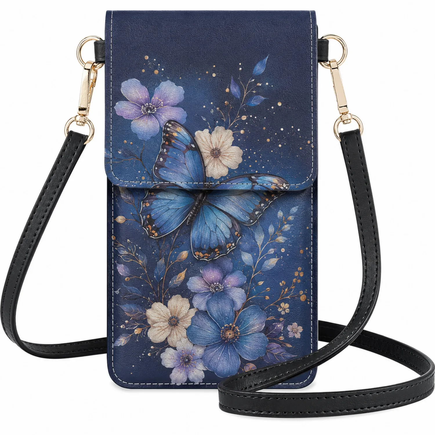 Pochette Bandoulière Papillon et Fleurs - Bleu et Noir-Casmeloa