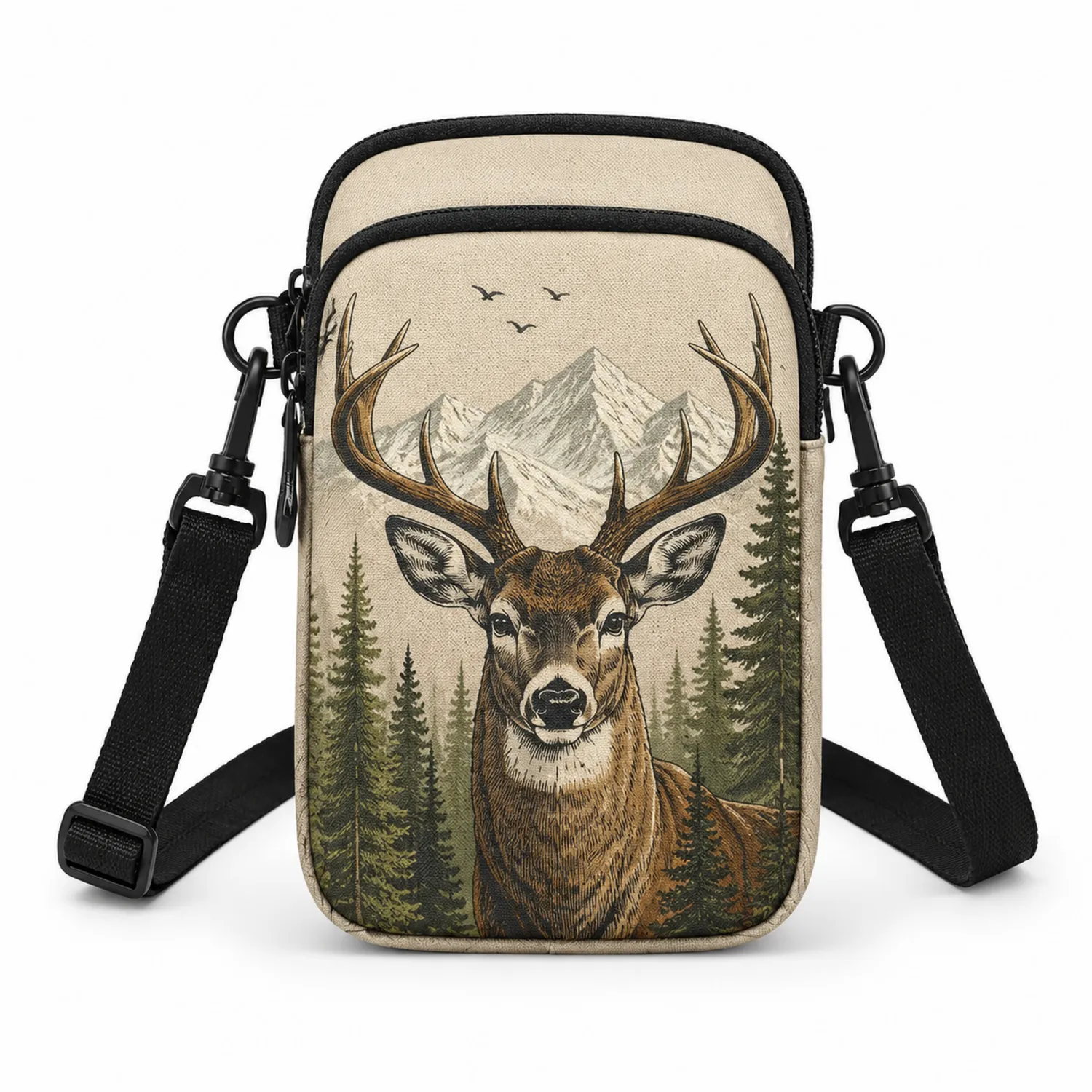 Sac Bandoulière Imprimé Cerf Beige avec Pochettes-Casmeloa