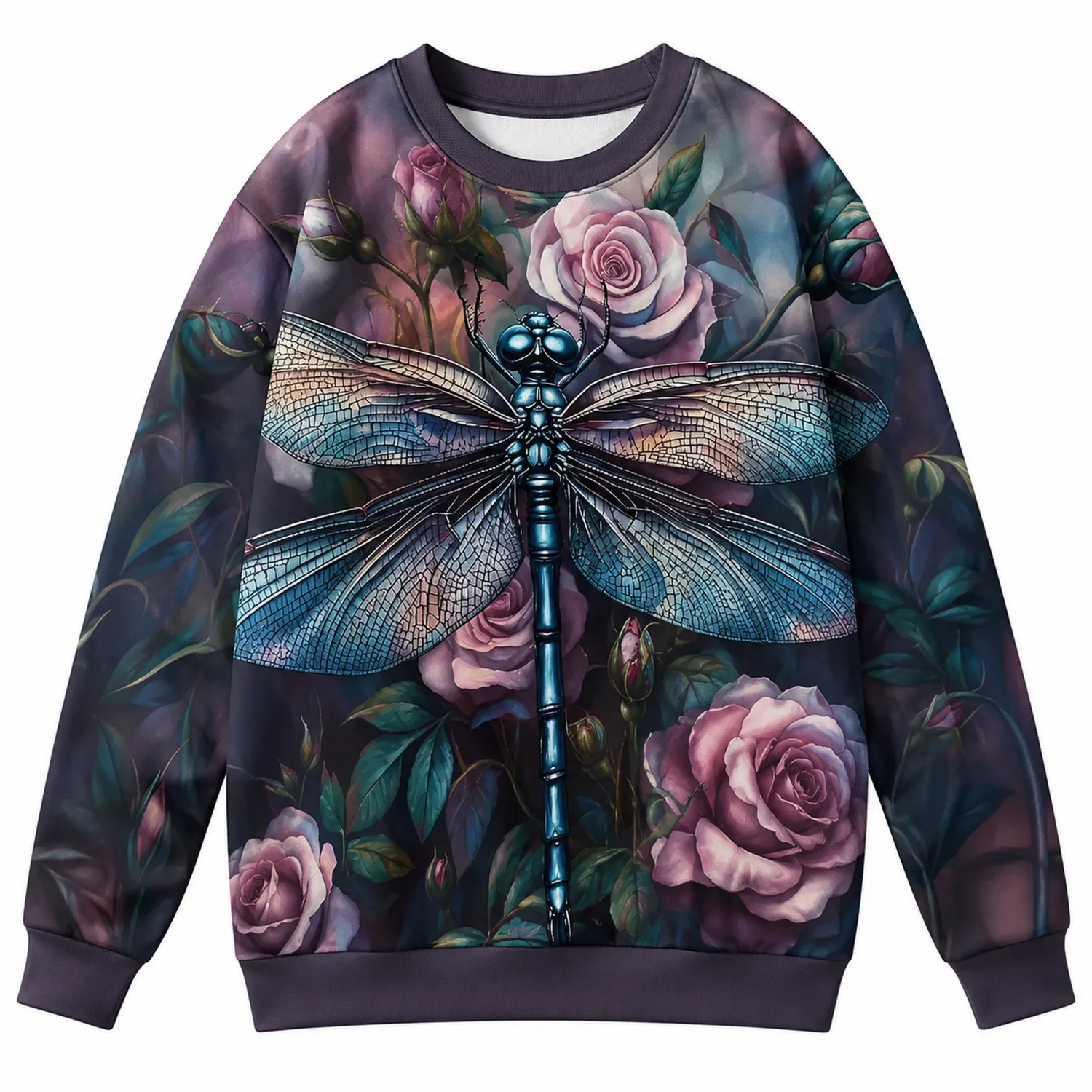 Sweat-shirt artistique multicolore à libellule et roses-Casmeloa
