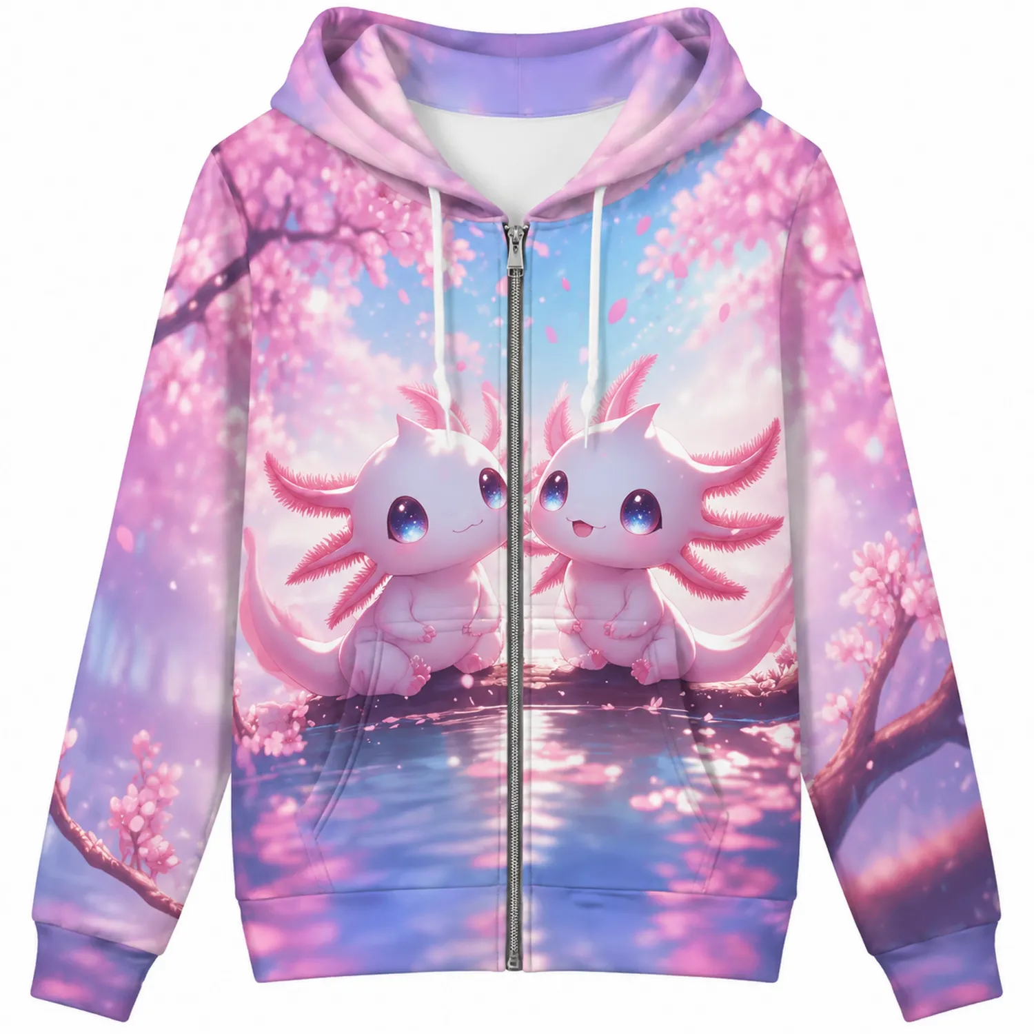 Sweat à Capuche Zippé Motif Axolotl Fleurs Roses et Violettes-Casmeloa
