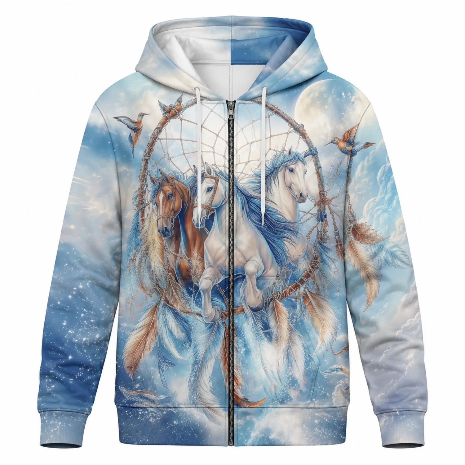Veste à Capuche Imprimée Chevaux de Rêve Bleu Ciel-Casmeloa