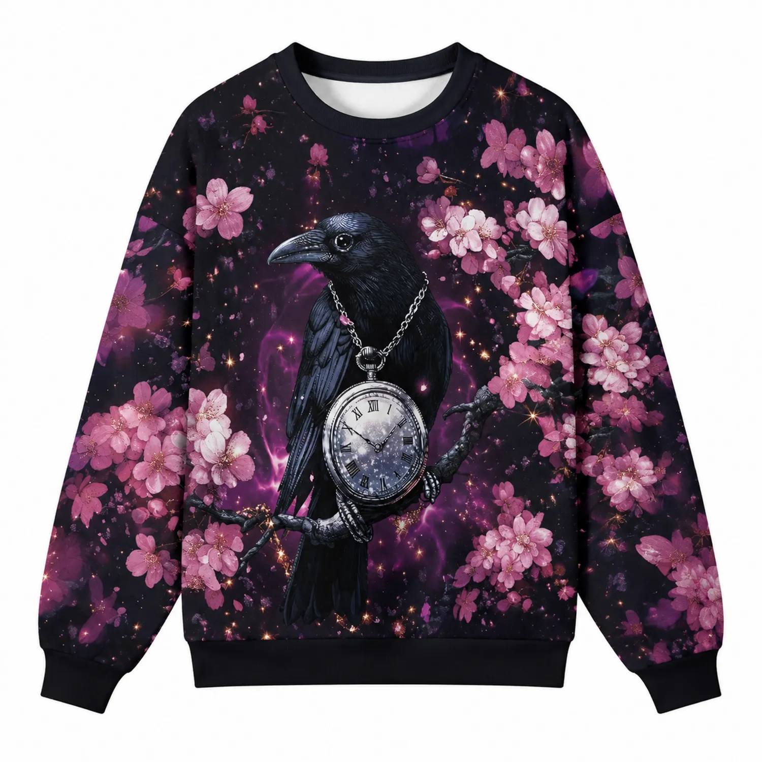 Sweat-shirt à Motif Corbeau et Montre avec Fleurs Roses-Casmeloa