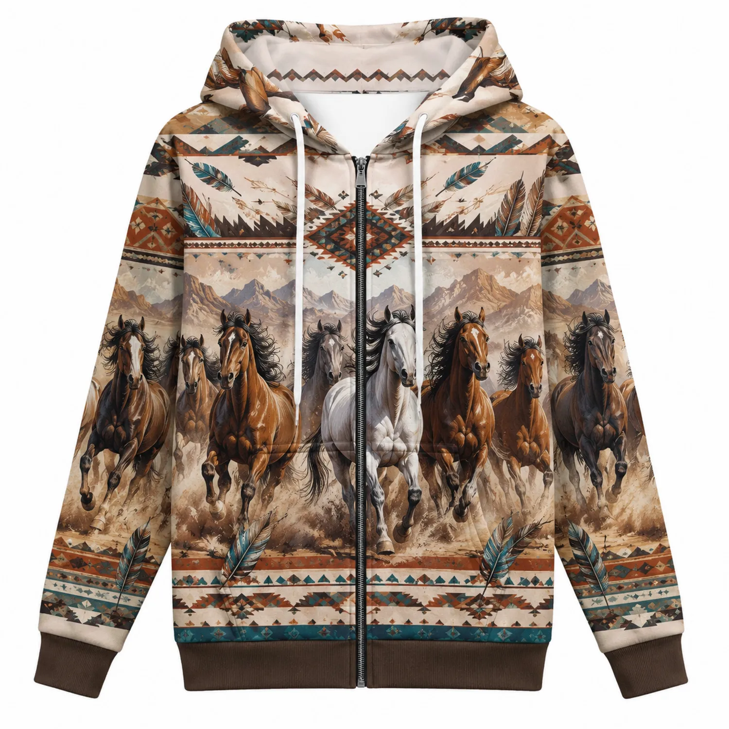 Veste à Capuche Imprimé Chevaux Style Éthnique Multicolore-Casmeloa