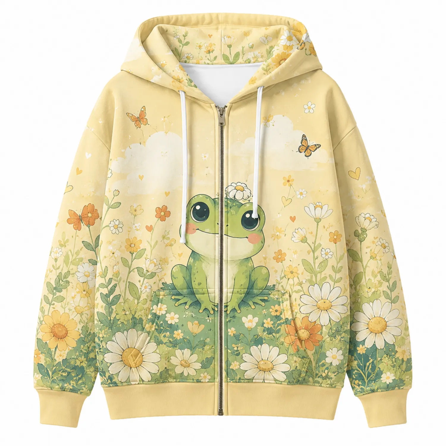 Veste à Capuche Zippée Motif Grenouille et Fleurs Jaune-Casmeloa