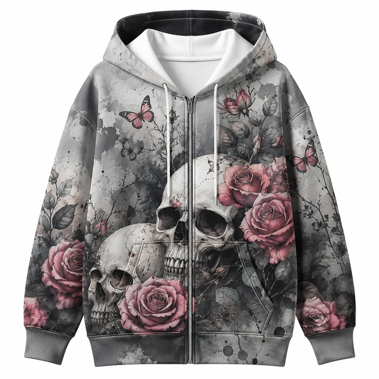 Sweat à Capuche Zippé Crânes Roses et Papillons-Casmeloa
