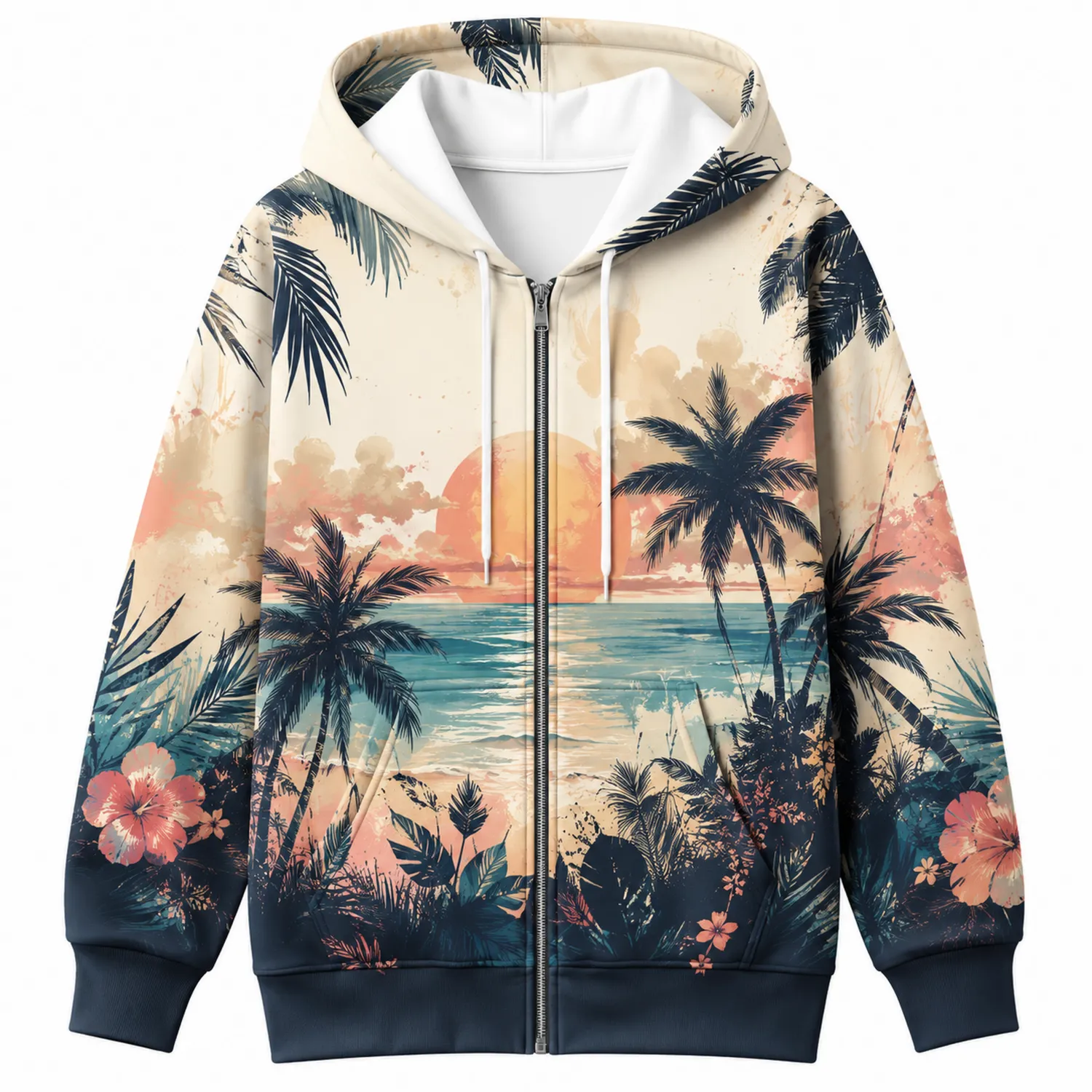 Veste à Capuche Zippée Paysage Tropical Beige et Bleu-Casmeloa