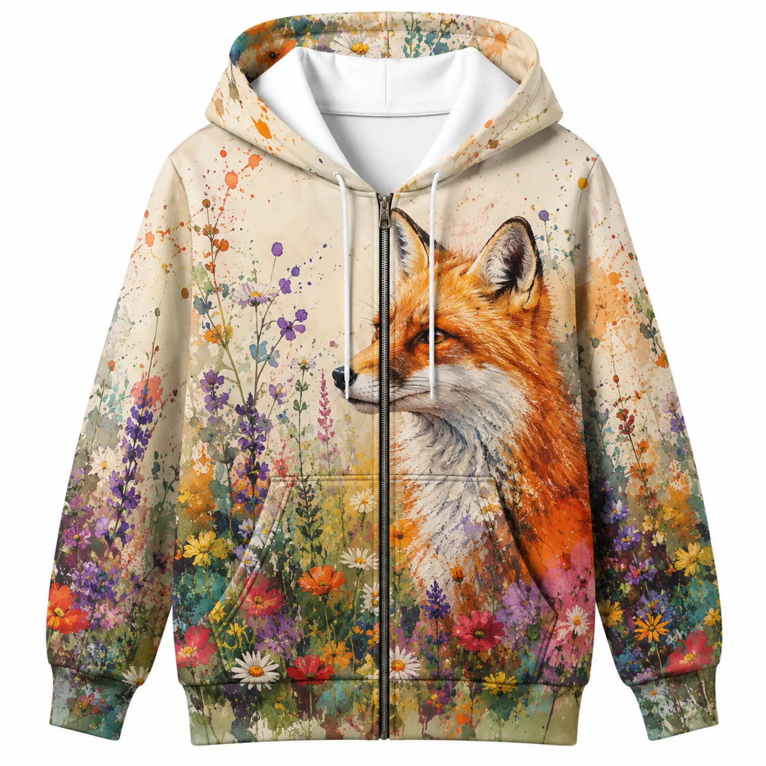 Sweat à Capuche Multicolore Motif Renard en Aquarelle-Casmeloa