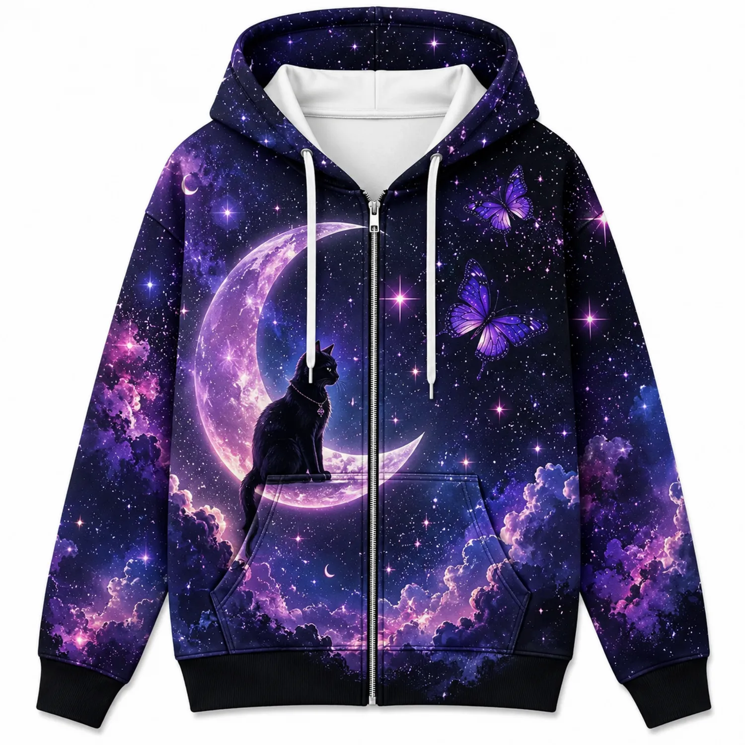 Sweat à Capuche Zippé Galaxie avec Chat et Papillon-Casmeloa
