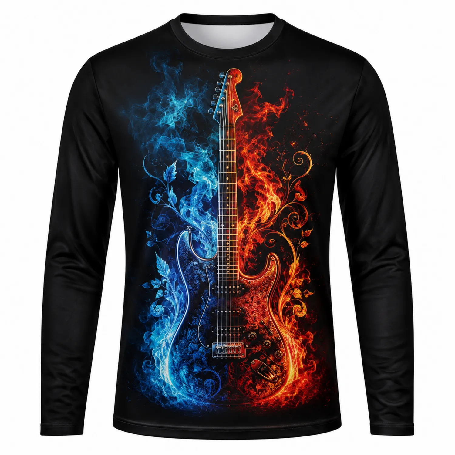 T-shirt Homme à Manches Longues Imprimé Guitare Feu et Glace Noir-Casmeloa