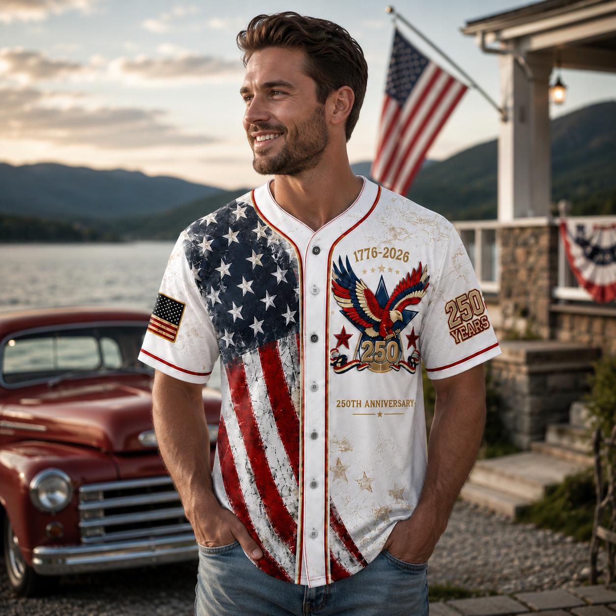Men's USA 250th Anniversary Baseball Jersey Patriotic American Flag Eagle Button Down Shirt 1776-2026, Vintage Distressed 4th of July Independence Day Graphic Tee, Unisex Casual Sports Top for Men Women, White