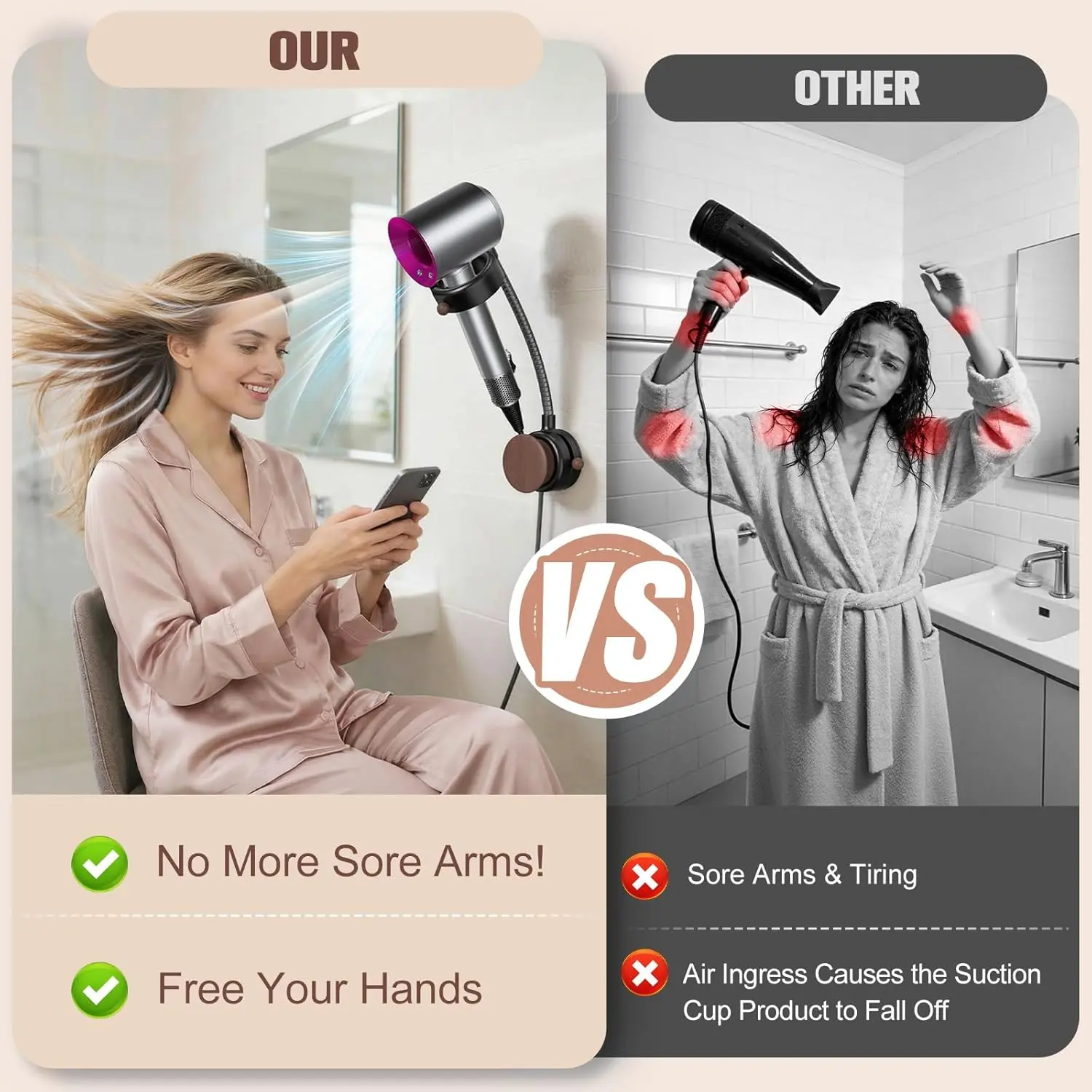 SEANCHEER S07 Hands Free Hair Dryer Holder Wall Mount, 360° Rotating Adjustable Height Suction Cup Blow Dryer Holder, No Drill Installation, Damage-Free Wall, with Cord Storage for Most Hair Dryers