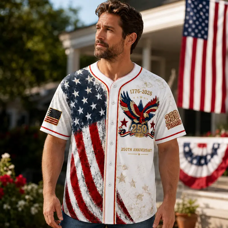 Men's USA 250th Anniversary Baseball Jersey Patriotic American Flag Eagle Button Down Shirt 1776-2026, Vintage Distressed 4th of July Independence Day Graphic Tee, Unisex Casual Sports Top for Men Women, White