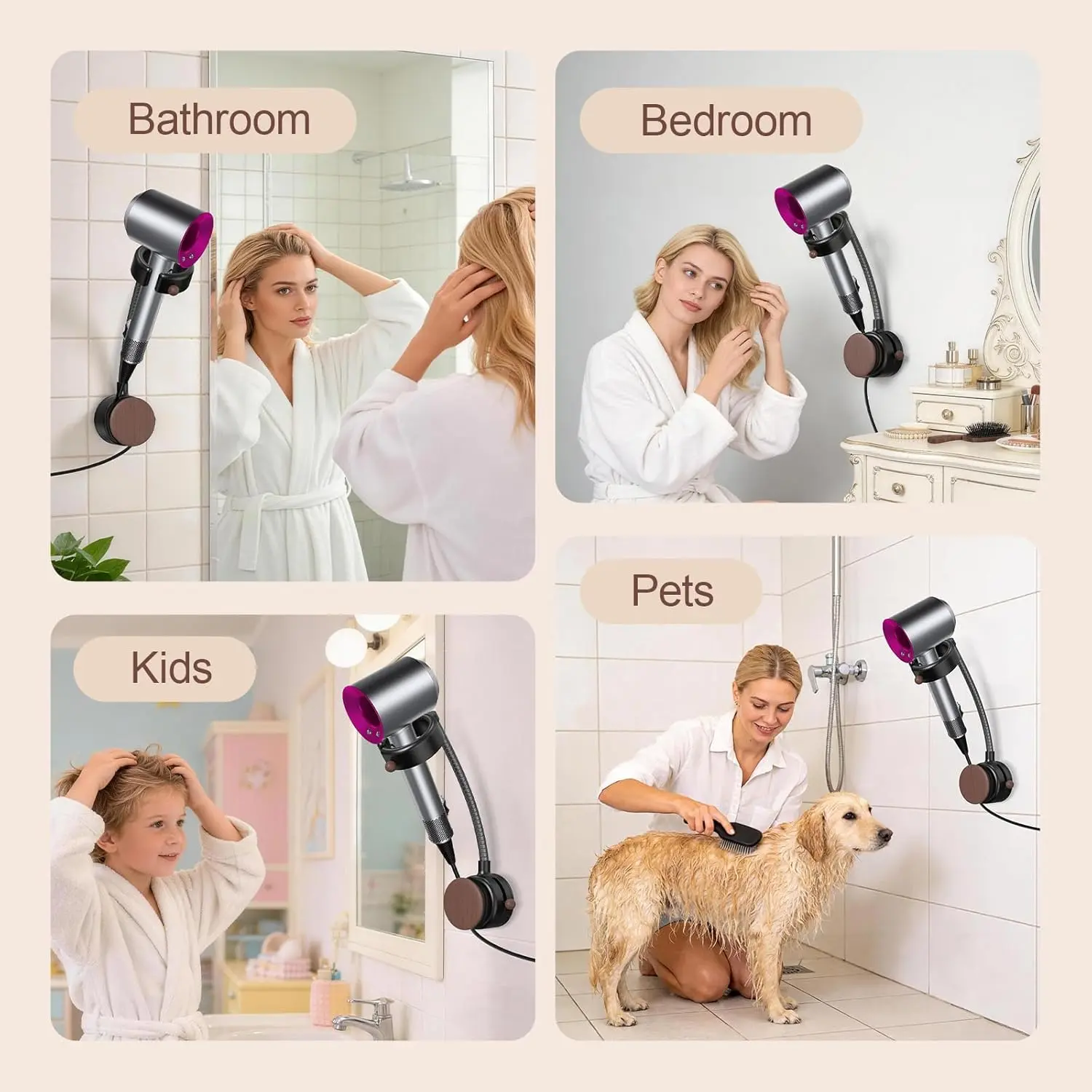 SEANCHEER S07 Hands Free Hair Dryer Holder Wall Mount, 360° Rotating Adjustable Height Suction Cup Blow Dryer Holder, No Drill Installation, Damage-Free Wall, with Cord Storage for Most Hair Dryers