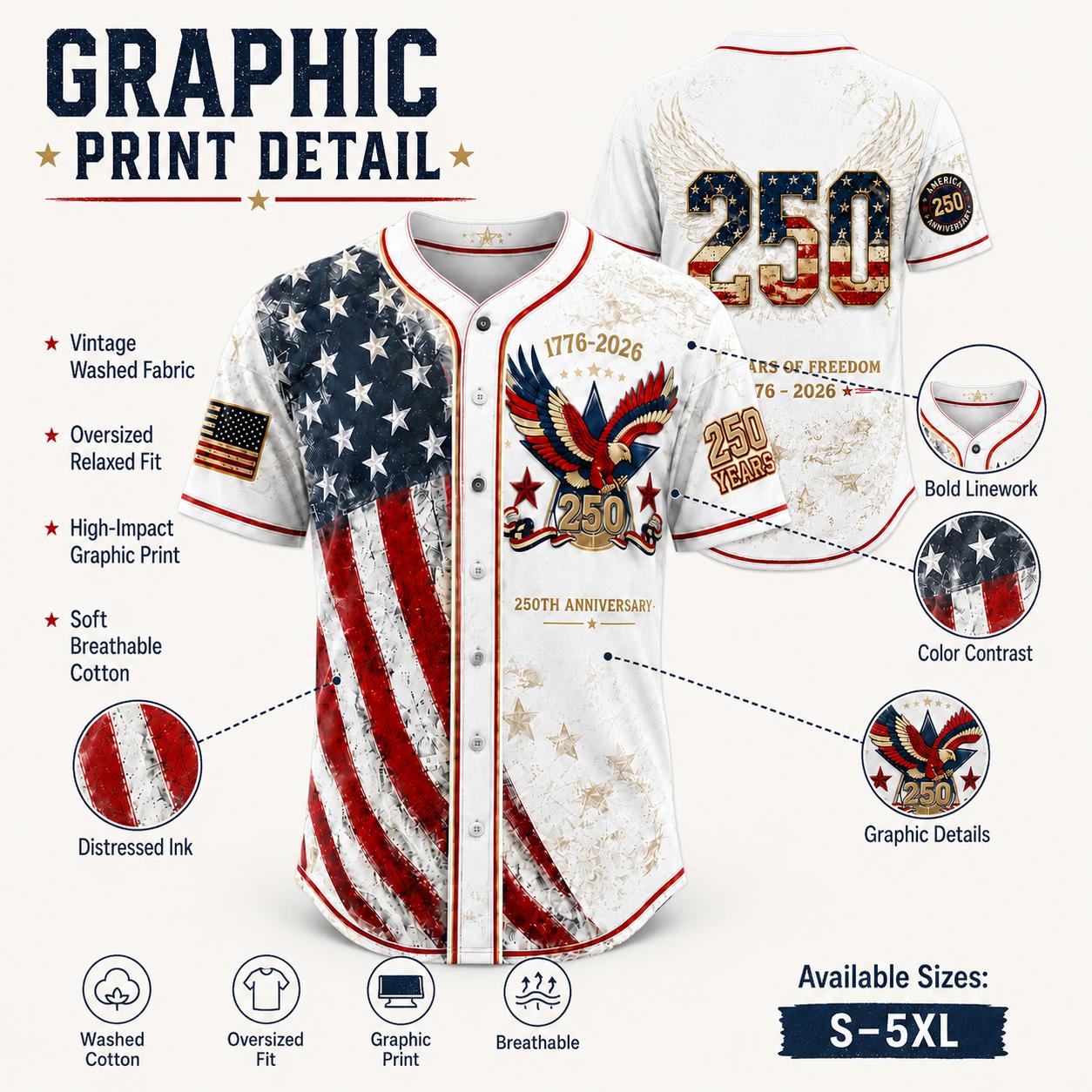 Men's USA 250th Anniversary Baseball Jersey Patriotic American Flag Eagle Button Down Shirt 1776-2026, Vintage Distressed 4th of July Independence Day Graphic Tee, Unisex Casual Sports Top for Men Women, White