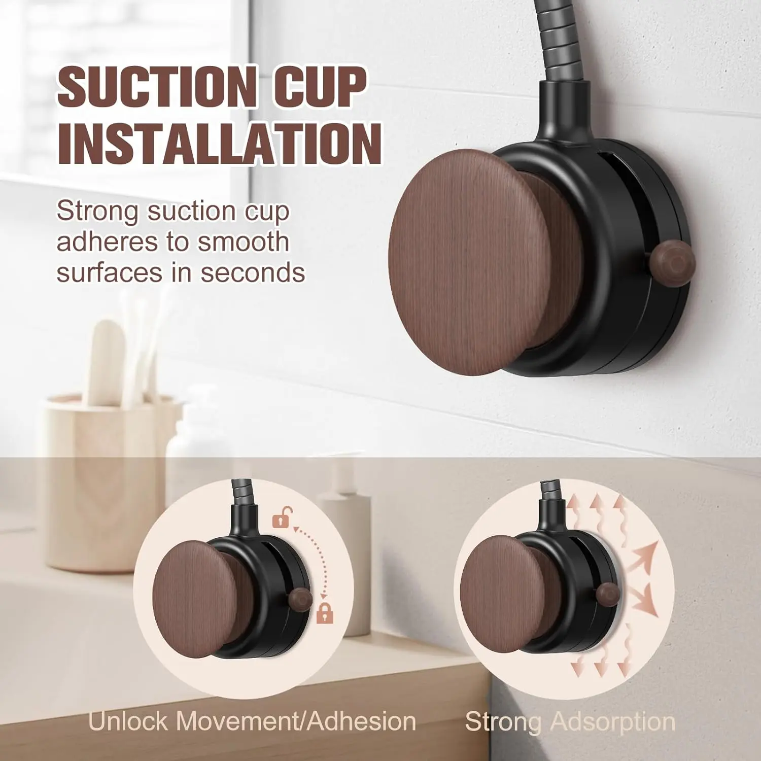 SEANCHEER S07 Hands Free Hair Dryer Holder Wall Mount, 360° Rotating Adjustable Height Suction Cup Blow Dryer Holder, No Drill Installation, Damage-Free Wall, with Cord Storage for Most Hair Dryers