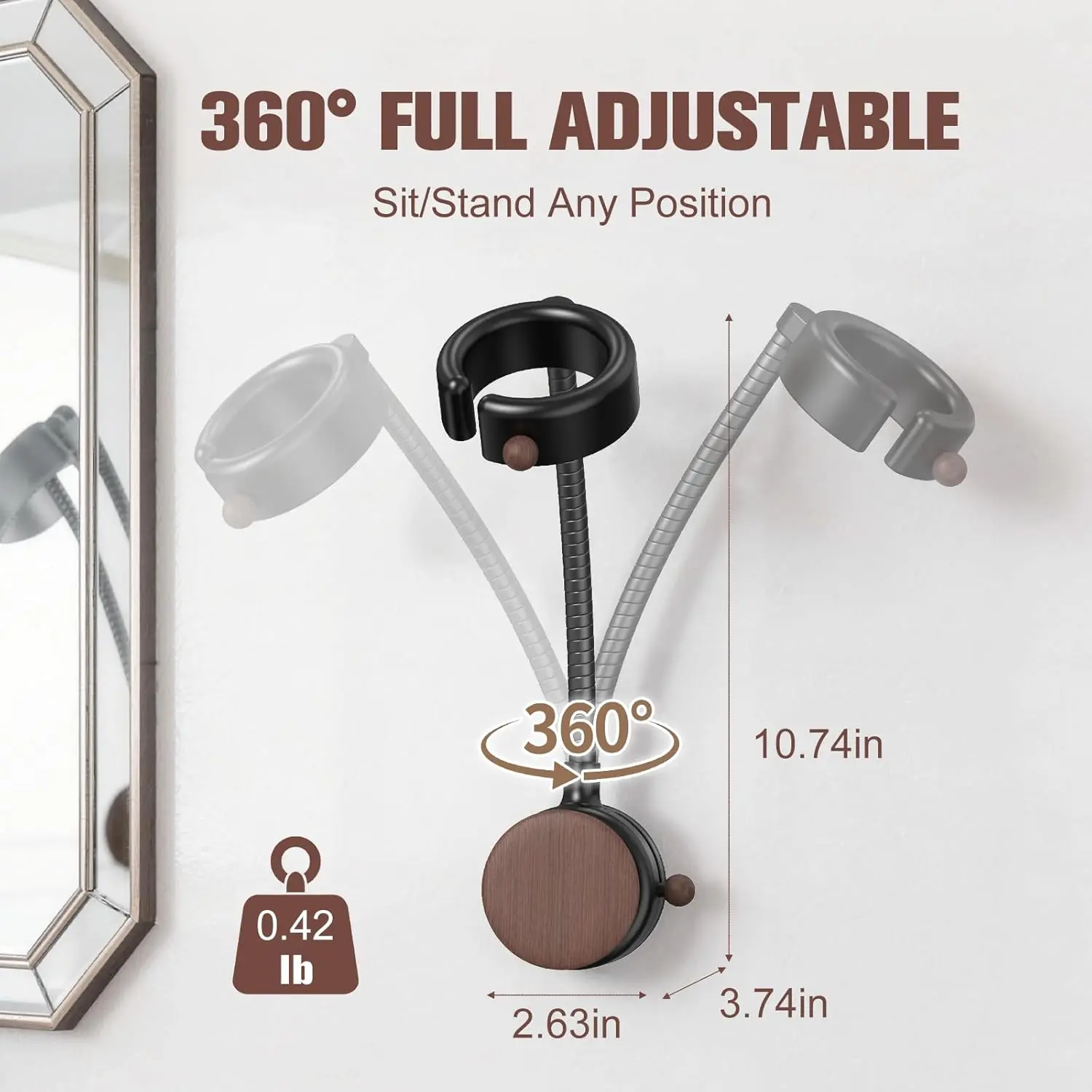 SEANCHEER S07 Hands Free Hair Dryer Holder Wall Mount, 360° Rotating Adjustable Height Suction Cup Blow Dryer Holder, No Drill Installation, Damage-Free Wall, with Cord Storage for Most Hair Dryers
